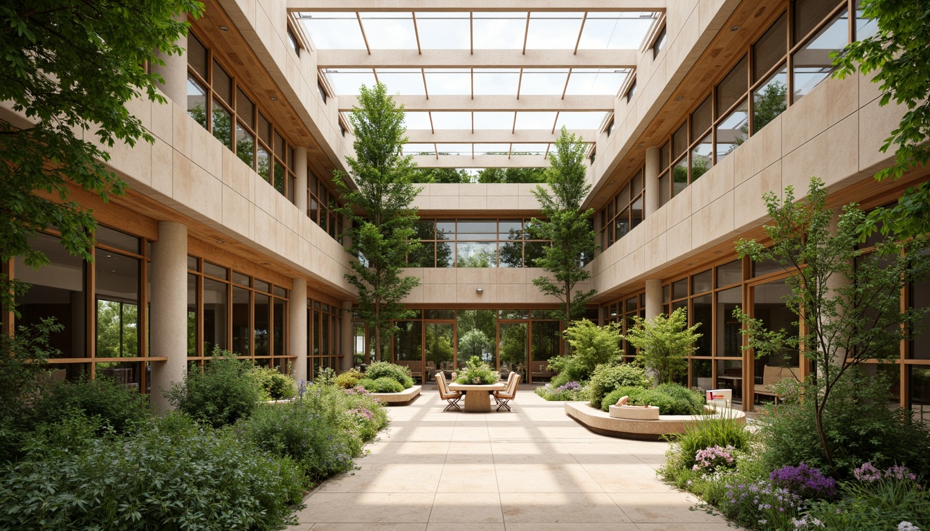 Prompt: Vibrant atrium, lush greenery, natural stone walls, wooden accents, clerestory windows, skylights, solar tubes, bright airy spaces, minimalist decor, reflective surfaces, warm beige tones, earthy textures, organic shapes, harmonious color palette, soft diffused lighting, shallow depth of field, 1/1 composition, panoramic view, realistic rendering.