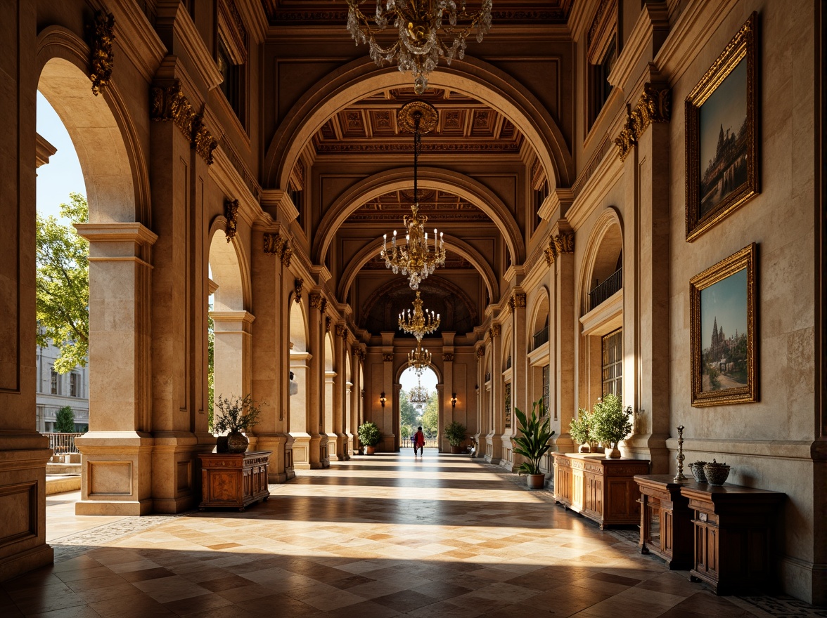 Prompt: Grand Renaissance-style palace, ornate archways, intricately carved stonework, vaulted ceilings, majestic columns, luxurious marble floors, opulent chandeliers, lavish furnishings, regal ambiance, warm golden lighting, soft focus, shallow depth of field, 1/2 composition, symmetrical framing, atmospheric perspective.