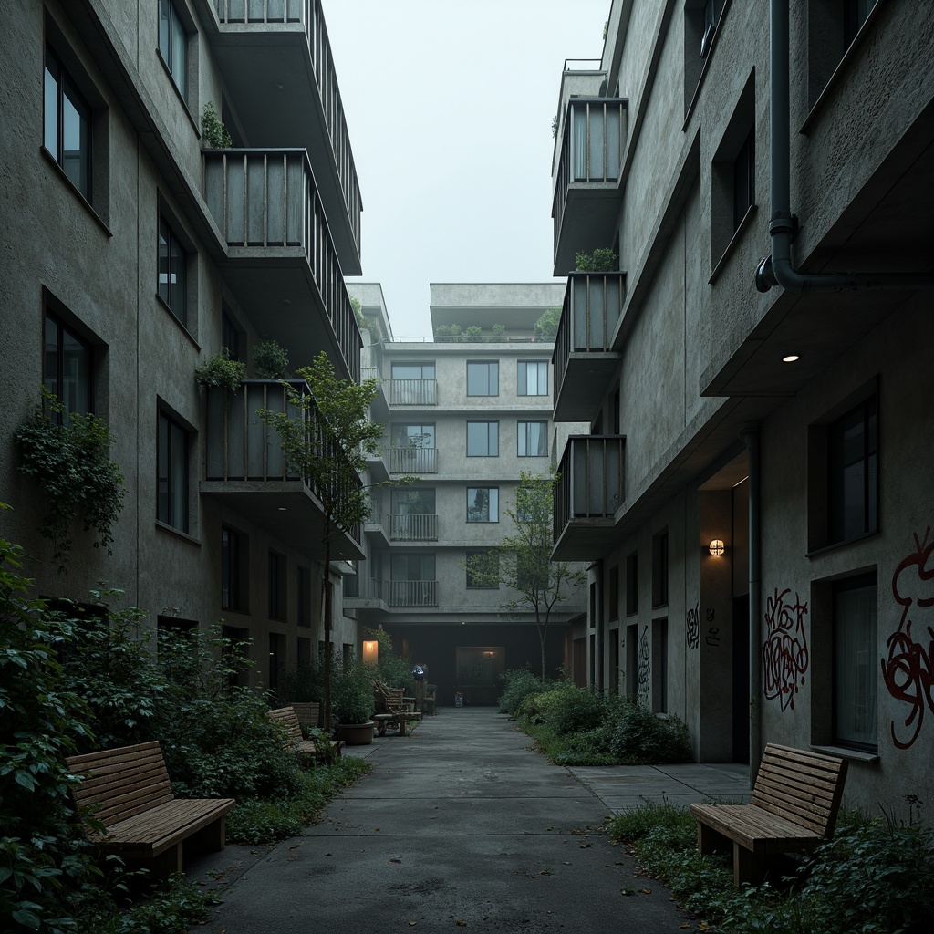 Prompt: Rugged brutalist architecture, raw concrete walls, fortress-like structures, angular balconies, industrial-style pipework, urban jungle setting, overgrown vegetation, abandoned playground equipment, worn-out benches, graffiti-covered walls, dimly lit alleys, atmospheric fog, dramatic shadows, cinematic lighting, 1/1 composition, shallow depth of field, gritty textures, ambient occlusion.