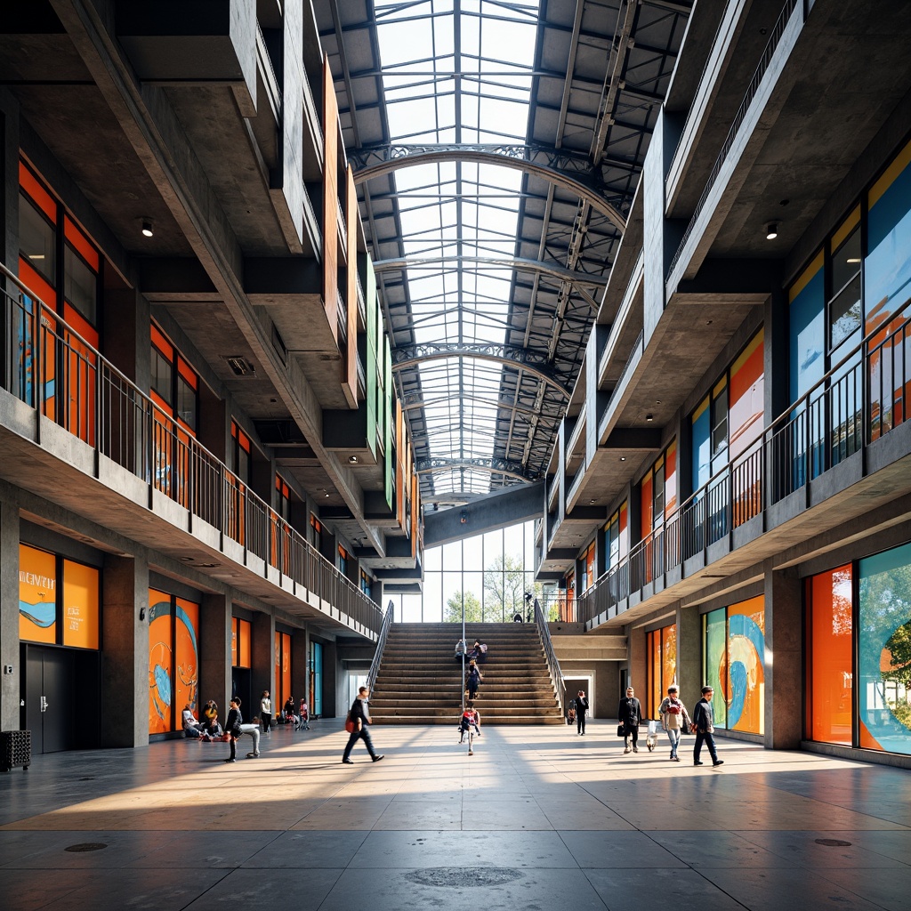 Prompt: Vibrant gymnasium interior, dynamic steel structures, exposed ductwork, polished concrete floors, angular lines, geometric patterns, abstract expressionist murals, bold color schemes, natural light pouring in, clerestory windows, cantilevered balconies, suspended athletic equipment, modernist design elements, futuristic ambiance, high-contrast lighting, dramatic shadows, 1/2 composition, shallow depth of field, realistic textures, ambient occlusion.