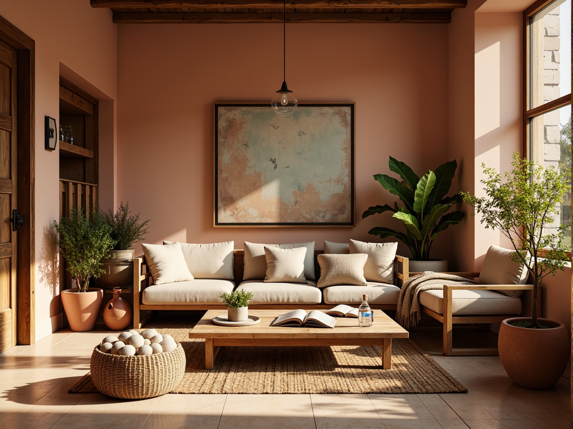 Prompt: Warm peach tones, soft golden lighting, rustic wood accents, natural textiles, vintage furniture pieces, distressed finishes, cozy reading nooks, plush throw blankets, earthy terracotta pots, lush greenery, blooming flowers, sunny afternoon, shallow depth of field, 1/1 composition, realistic textures, ambient occlusion.