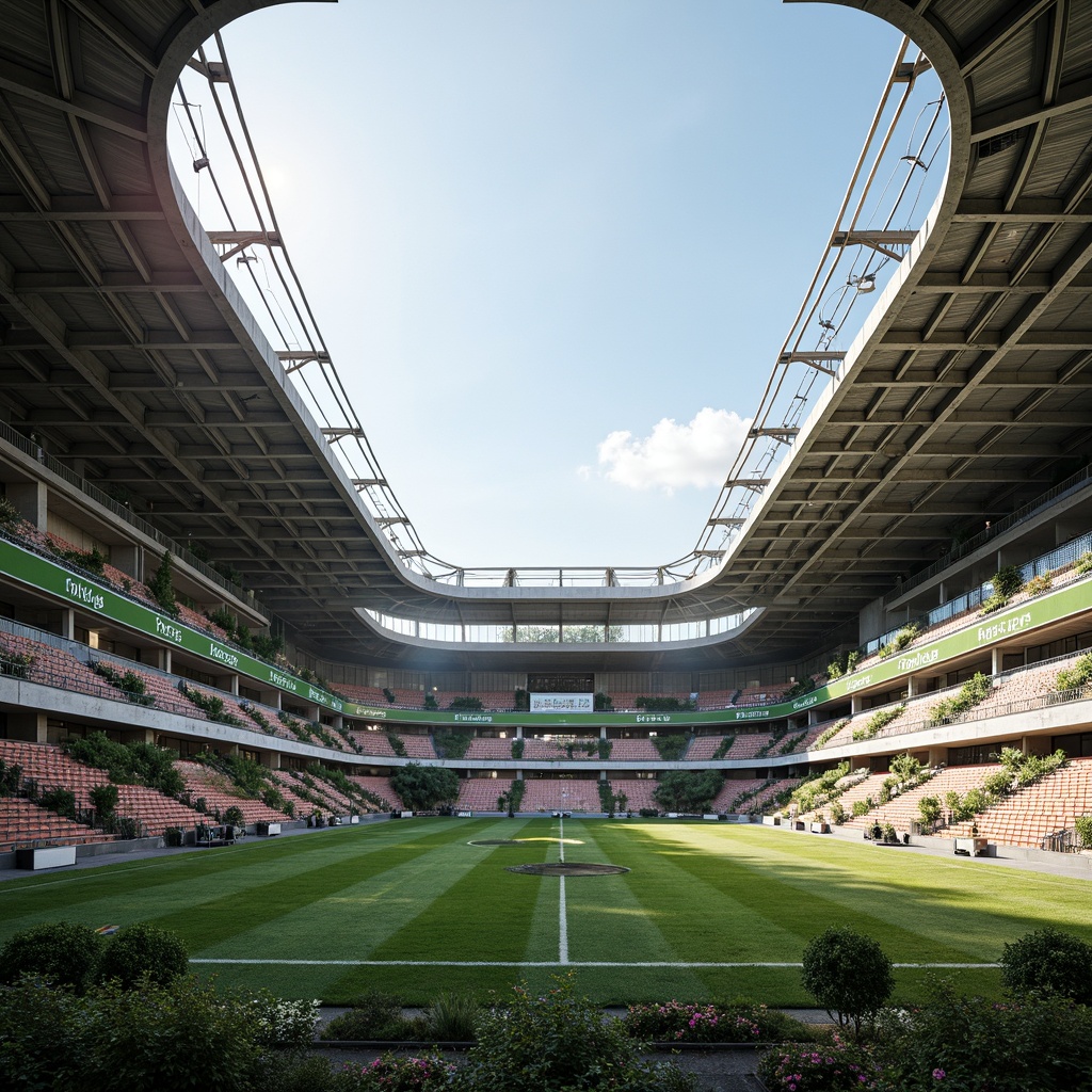 Prompt: Large sports stadium, open-air design, natural ventilation systems, curved rooflines, steel beams, exposed ductwork, clerestory windows, high ceilings, spacious concourses, cantilevered seating areas, lush greenery, living walls, vertical gardens, misting systems, evaporative cooling, shading devices, overhangs, solar screens, wind-catching features, airy atmosphere, soft natural light, 1/1 composition, symmetrical view, realistic textures, ambient occlusion.