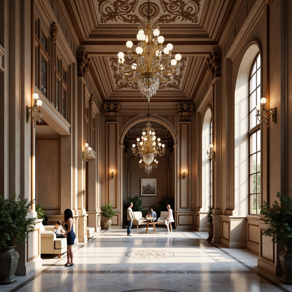 Prompt: Elegant interior, ornate moldings, luxurious fabrics, rich wood tones, grand chandeliers, symmetrical compositions, intricate carvings, high ceilings, marble floors, stately columns, refined furnishings, soft warm lighting, shallow depth of field, 1/2 composition, realistic textures, ambient occlusion, neutral color palette, creamy whites, soft grays, taupe accents.