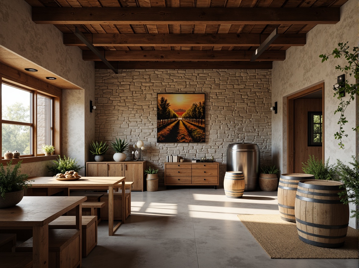 Prompt: Industrial chic winery interior, minimalist decor, reclaimed wood accents, rustic stone walls, metal beams, polished concrete floors, modern wine barrels, sleek steel tanks, vineyard-inspired artwork, earthy color palette, natural textiles, ambient warm lighting, shallow depth of field, 2/3 composition, realistic renderings, soft focus, subtle shading.