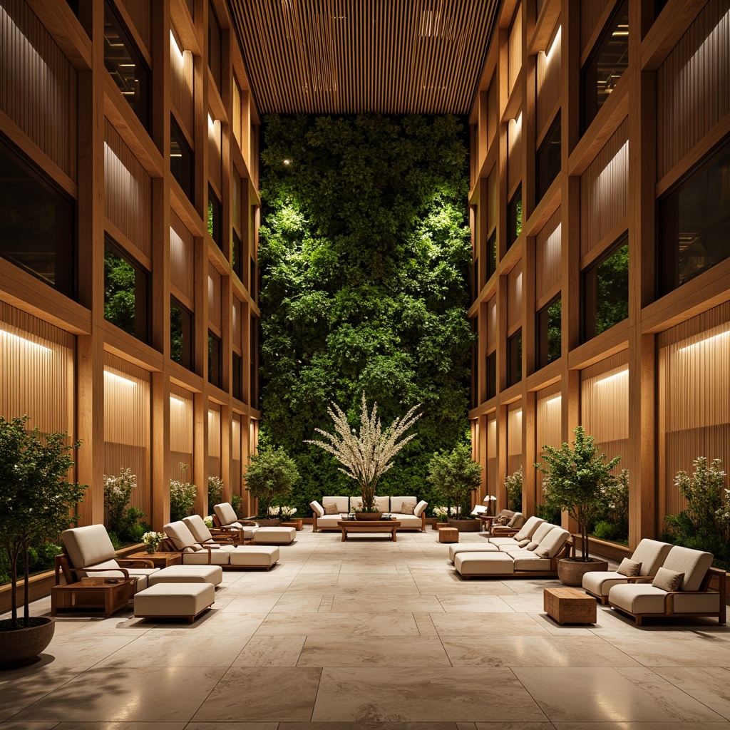 Prompt: Luxurious hotel lobby, reclaimed wood accents, living green walls, natural stone floors, energy-efficient lighting, minimalist decor, eco-friendly furniture, sustainable textiles, organic patterns, earthy color palette, ambient warm lighting, shallow depth of field, 3/4 composition, panoramic view, realistic textures, ambient occlusion.