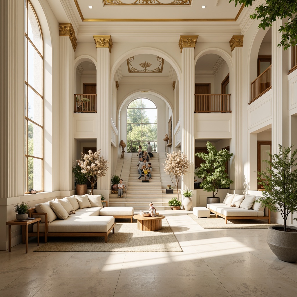 Prompt: Elegant youth center, neoclassical architecture, creamy white walls, ornate columns, golden accents, rich wood tones, subtle cream marble floors, soft warm lighting, large windows, classical arches, refined furniture, lush greenery, blooming flowers, serene atmosphere, 1/1 composition, realistic textures, ambient occlusion.