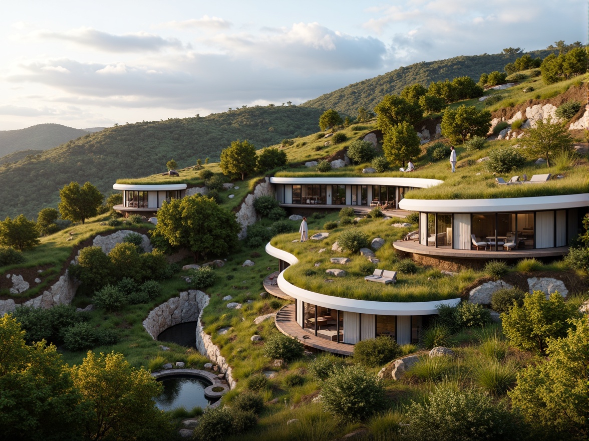 Prompt: Scenic hillside, lush green roofs, natural stone walls, curved modern architecture, large windows, sliding glass doors, outdoor terraces, wooden decks, cantilevered structures, minimalist design, seamless transitions, organic forms, earthy color palette, serene atmosphere, soft warm lighting, shallow depth of field, 3/4 composition, panoramic view, realistic textures, ambient occlusion.