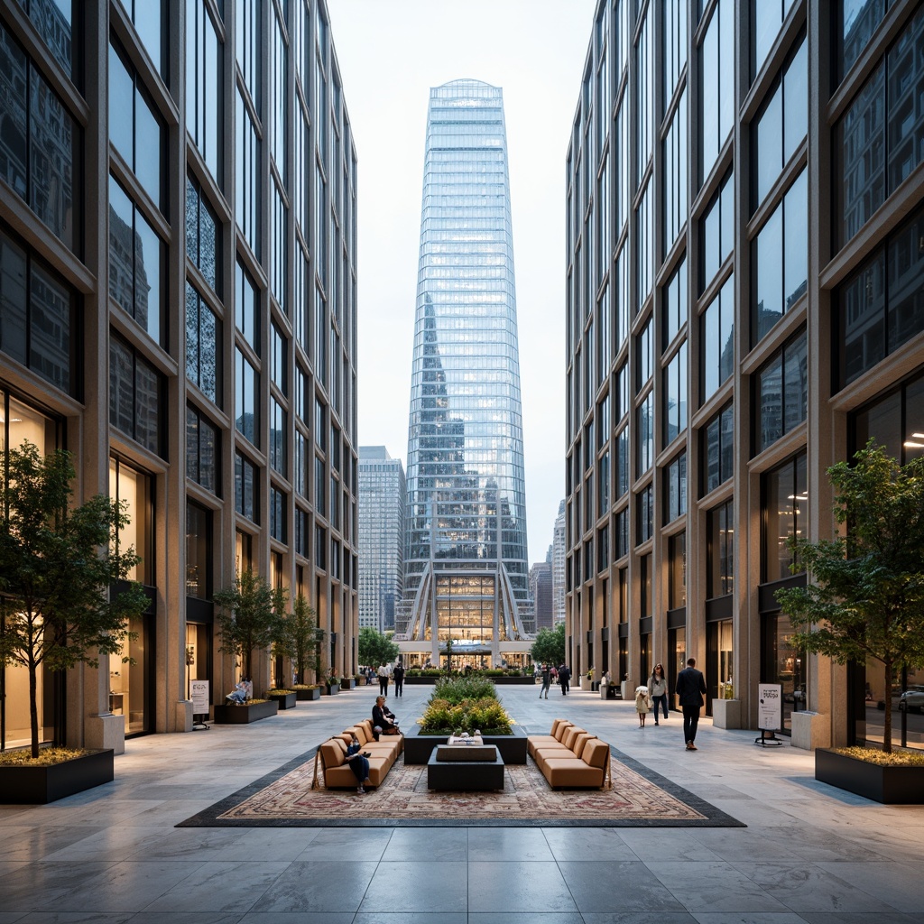 Prompt: Sleek glass facade, metallic frames, modernist skyscraper, urban cityscape, bustling financial district, grand atrium lobby, marble floors, stainless steel accents, minimalist decor, high ceilings, open floor plan, abundant natural light, softbox lighting, shallow depth of field, 1/1 composition, symmetrical architecture, Art Deco influences, ornate metalwork details, geometric patterned rugs, neutral color palette, professional corporate atmosphere.