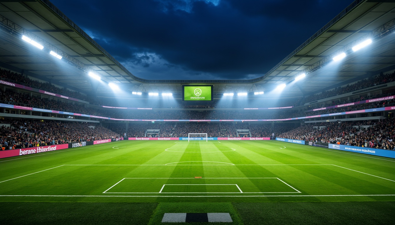 Prompt: Floodlit soccer stadium, vibrant green grass, towering grandstands, sleek metal beams, modern architecture, massive LED screens, dynamic scoreboard displays, warm white lighting, high-contrast floodlights, atmospheric mist effects, dramatic shadows, 3/4 composition, low-angle shots, realistic textures, ambient occlusion.