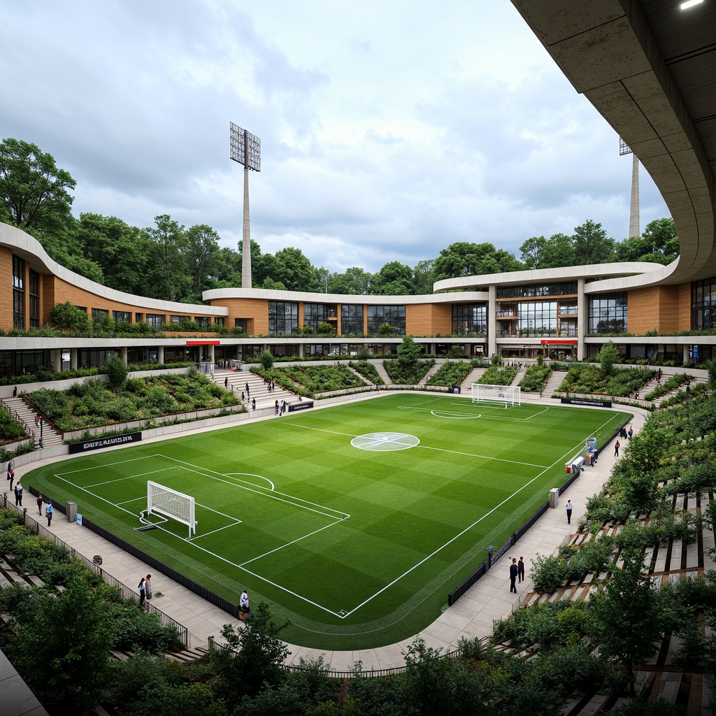 Prompt: Eco-friendly stadium design, lush green roofs, solar panels, wind turbines, rainwater harvesting systems, recycled materials, natural ventilation systems, large windows, transparent fa\u00e7ades, minimalist seating areas, reclaimed wood accents, living walls, urban agriculture integration, modern curved lines, dynamic lighting systems, panoramic views, shallow depth of field, 1/1 composition, realistic textures, ambient occlusion.