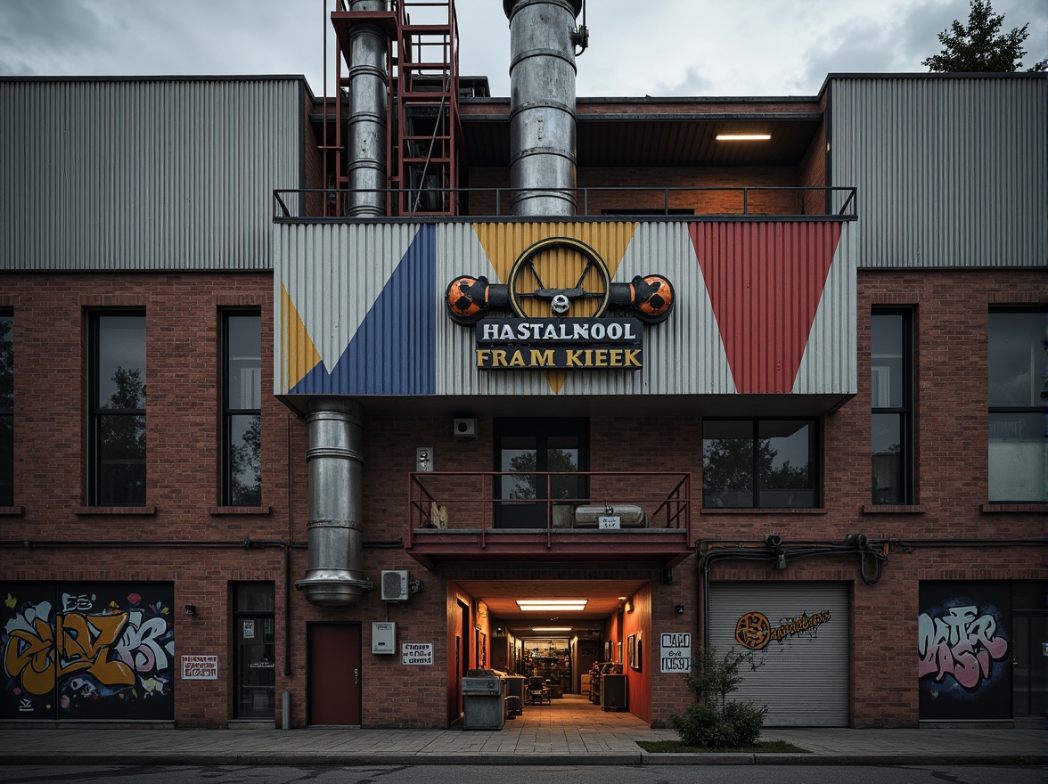 Prompt: Brick industrial facade, distressed textures, exposed ductwork, steel beams, corrugated metal cladding, angular geometry, bold color blocking, abstract murals, graffiti accents, retro-futuristic machinery, abandoned warehouse atmosphere, moody overcast sky, dramatic backlighting, high contrast ratio, 2.35