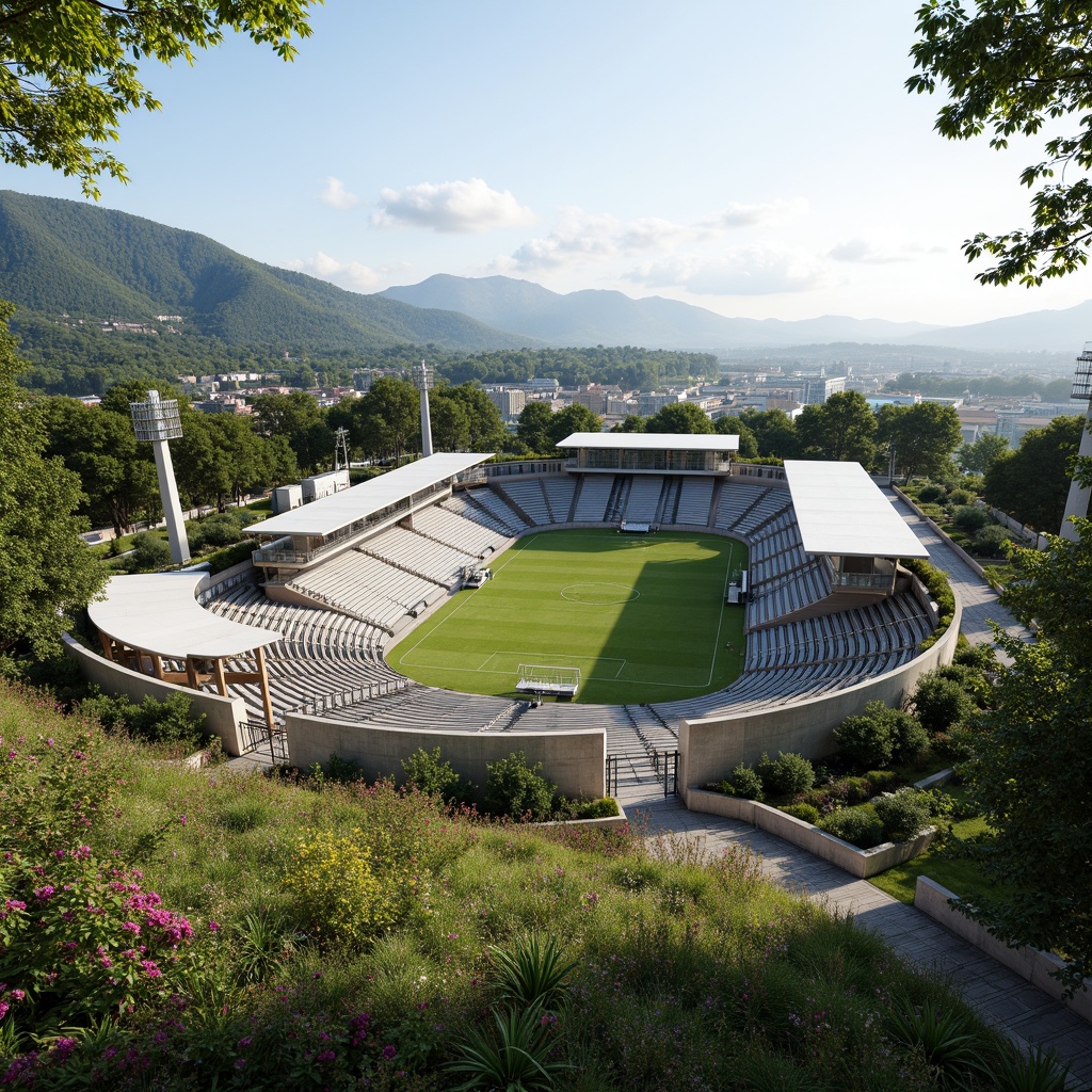 Prompt: Panoramic stadium, lush greenery, rolling hills, natural stone seating, curved architecture, cantilevered roofs, sleek metal beams, transparent glass facades, open-air concourses, scenic views, mountainous backdrop, vibrant blooming flowers, sunny day, soft warm lighting, shallow depth of field, 3/4 composition, realistic textures, ambient occlusion, integrated landscape design, eco-friendly materials, sustainable energy solutions, rainwater harvesting systems, green roofs, innovative cooling technologies, shaded outdoor spaces, misting systems.