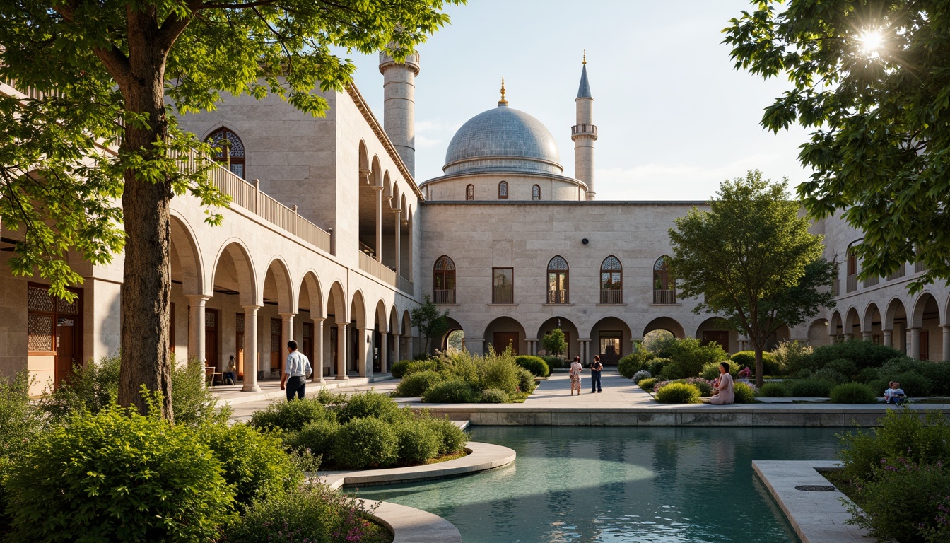 Prompt: Serenity-inducing mosque, lush green courtyard, tranquil water features, intricately patterned Islamic architecture, domed structures, minarets, natural stone walls, ornate archways, stained glass windows, vibrant tile work, peaceful ambiance, warm golden lighting, shallow depth of field, 1/1 composition, panoramic view, realistic textures, ambient occlusion, spiritual connectivity to nature.