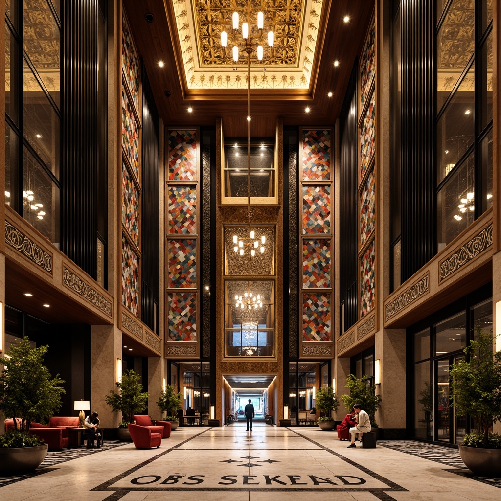 Prompt: Luxurious Art Deco building, opulent materials, metallic accents, ornate geometries, lavish ornaments, polished chrome fixtures, sleek black glass, rich wood paneling, intricate marble patterns, vibrant colorful mosaics, ornamental metalwork, stylized typography, luxurious fabrics, sumptuous velvet drapes, dramatic chandeliers, warm golden lighting, shallow depth of field, 1/1 composition, symmetrical view, realistic reflections, ambient occlusion.