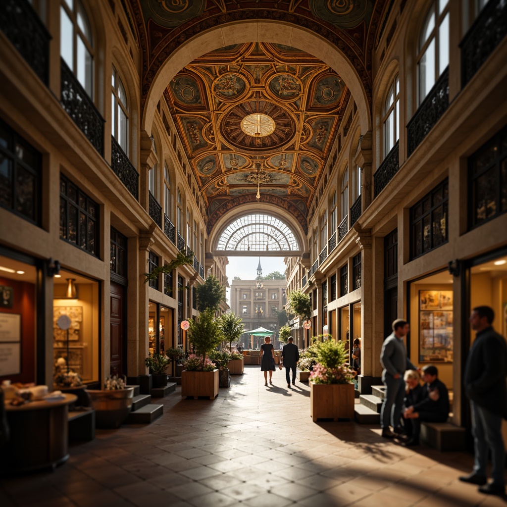 Prompt: Grand market hall, ornate stone carvings, intricate Gothic arches, vibrant frescoes, elegant balconies, rusticated columns, ornamental facades, richly textured stucco, warm golden lighting, soft focus blur, atmospheric perspective, 1/2 composition, dramatic shadows, realistic reflections, detailed ornateness, authentic Renaissance flair.