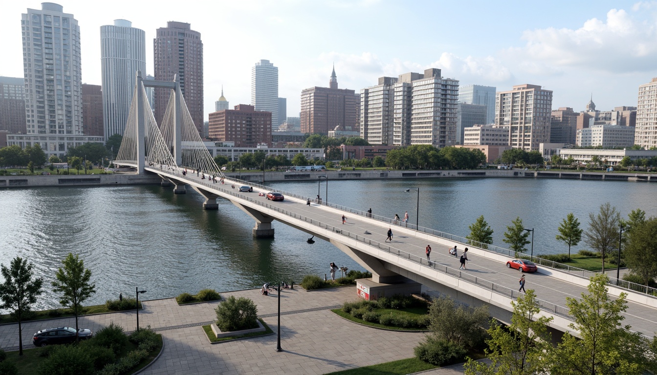 Prompt: Urban bridge, modern architecture, steel structures, suspension cables, pedestrian walkways, cyclist lanes, vehicular traffic flow, cityscape views, urban skyline, concrete piers, waterway crossings, riverbank revitalization, green roofs, eco-friendly materials, innovative lighting systems, safety railings, accessible ramps, wayfinding signage, panoramic viewpoints, shallow depth of field, 3/4 composition, realistic textures, ambient occlusion.