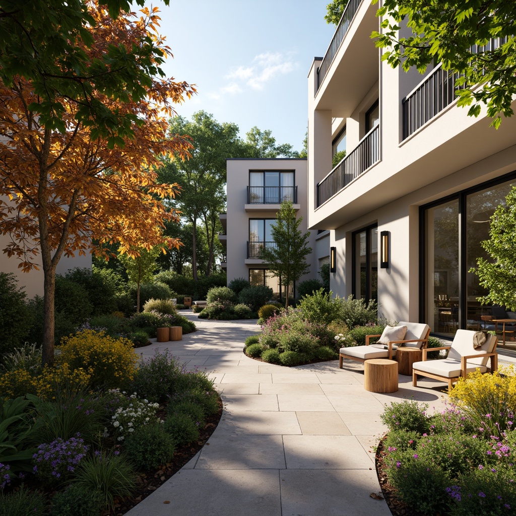 Prompt: Cozy residential courtyard, lush greenery, blooming flowers, comfortable outdoor seating, wooden benches, decorative planters, natural stone pathways, warm lighting fixtures, modern housing architecture, large windows, sliding glass doors, private balconies, sunny day, soft warm lighting, shallow depth of field, 3/4 composition, panoramic view, realistic textures, ambient occlusion.