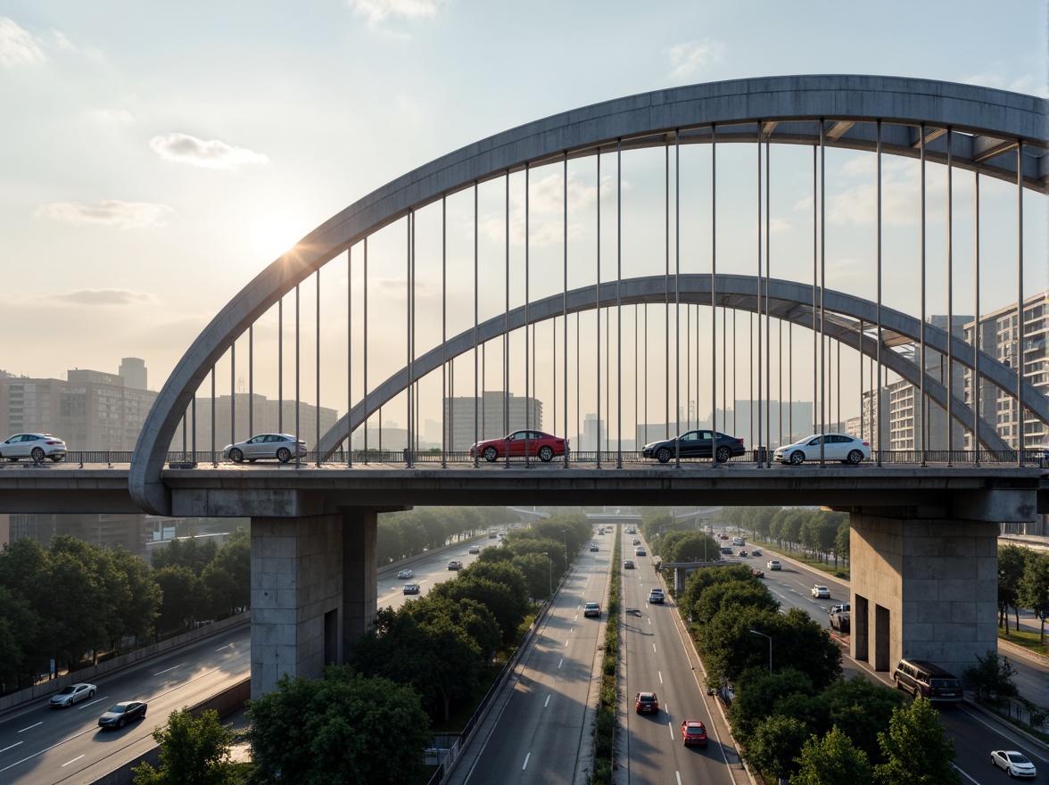 Prompt: Modern vehicular bridge, sleek steel arches, suspended cables, sturdy pillars, rust-resistant metal beams, reinforced concrete foundations, dynamic lighting systems, urban cityscape, misty morning atmosphere, soft warm glow, shallow depth of field, 3/4 composition, panoramic view, realistic textures, ambient occlusion, intricate road networks, vibrant traffic lanes, pedestrian walkways, safety railings, functional drainage systems.