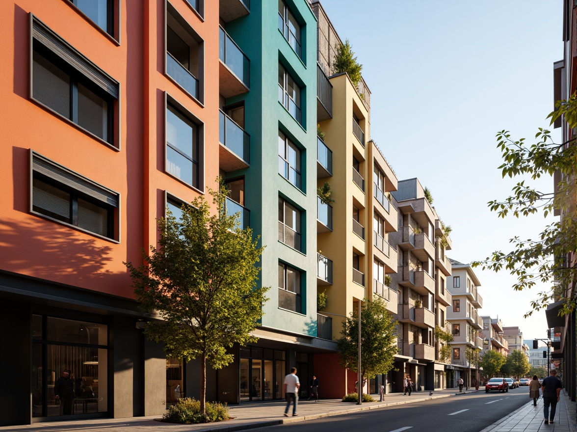 Prompt: Vibrant building facade, bold color scheme, contrasting hues, harmonious shades, pastel tones, earthy textures, metallic accents, glass reflections, modern architectural style, sleek lines, minimalist aesthetic, urban cityscape, bustling streets, morning sunlight, soft warm glow, shallow depth of field, 1/1 composition, realistic rendering, ambient occlusion.