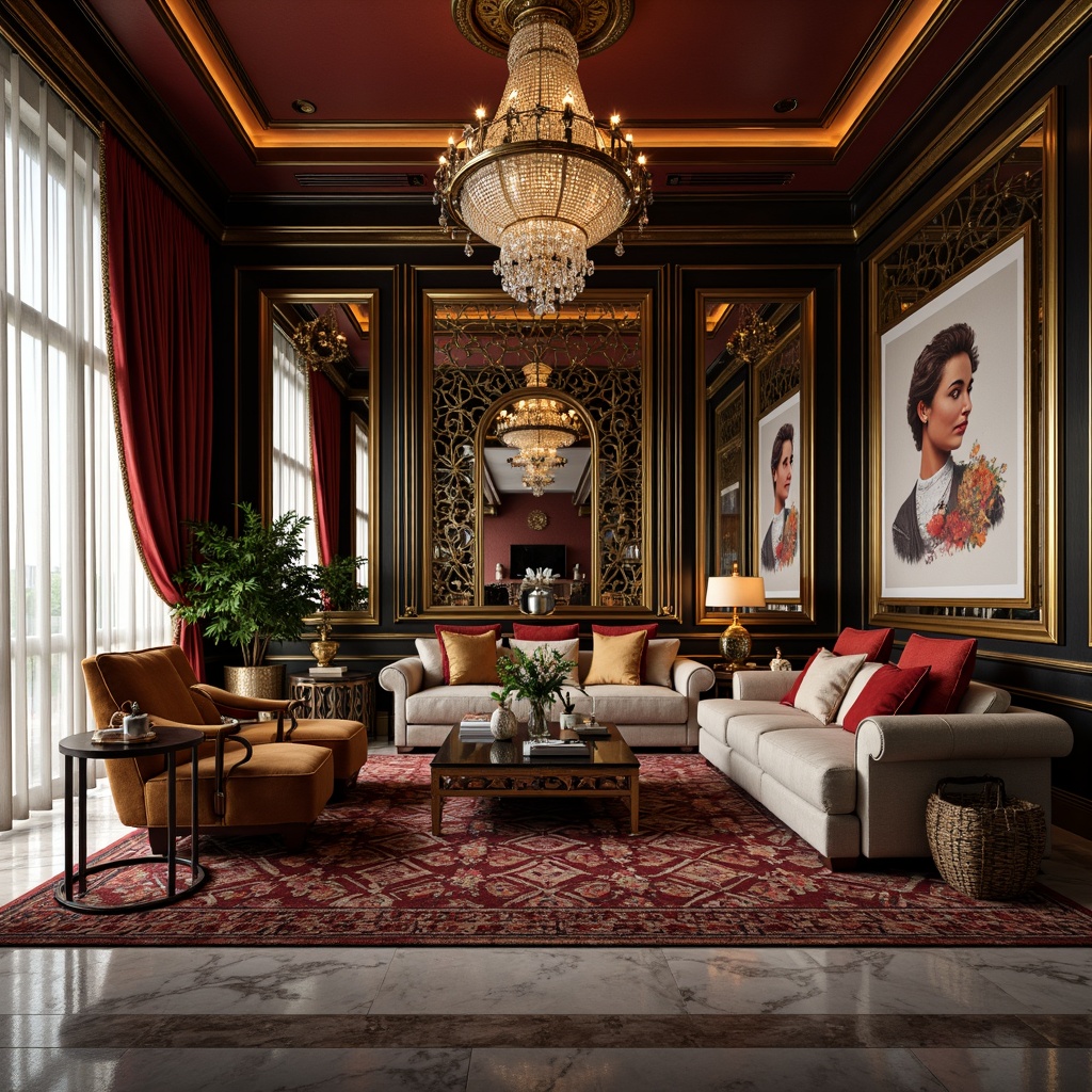 Prompt: Luxurious living room, opulent furnishings, metallic accents, geometric patterns, bold color schemes, ornate mirrors, lavish chandeliers, velvet drapes, marble flooring, ornamental screens, curved lines, vintage posters, exotic wood trim, gilded decorations, crystal vases, sophisticated ambiance, high-contrast lighting, dramatic shadows, 1/2 composition, cinematic view, intricate textures, realistic reflections.