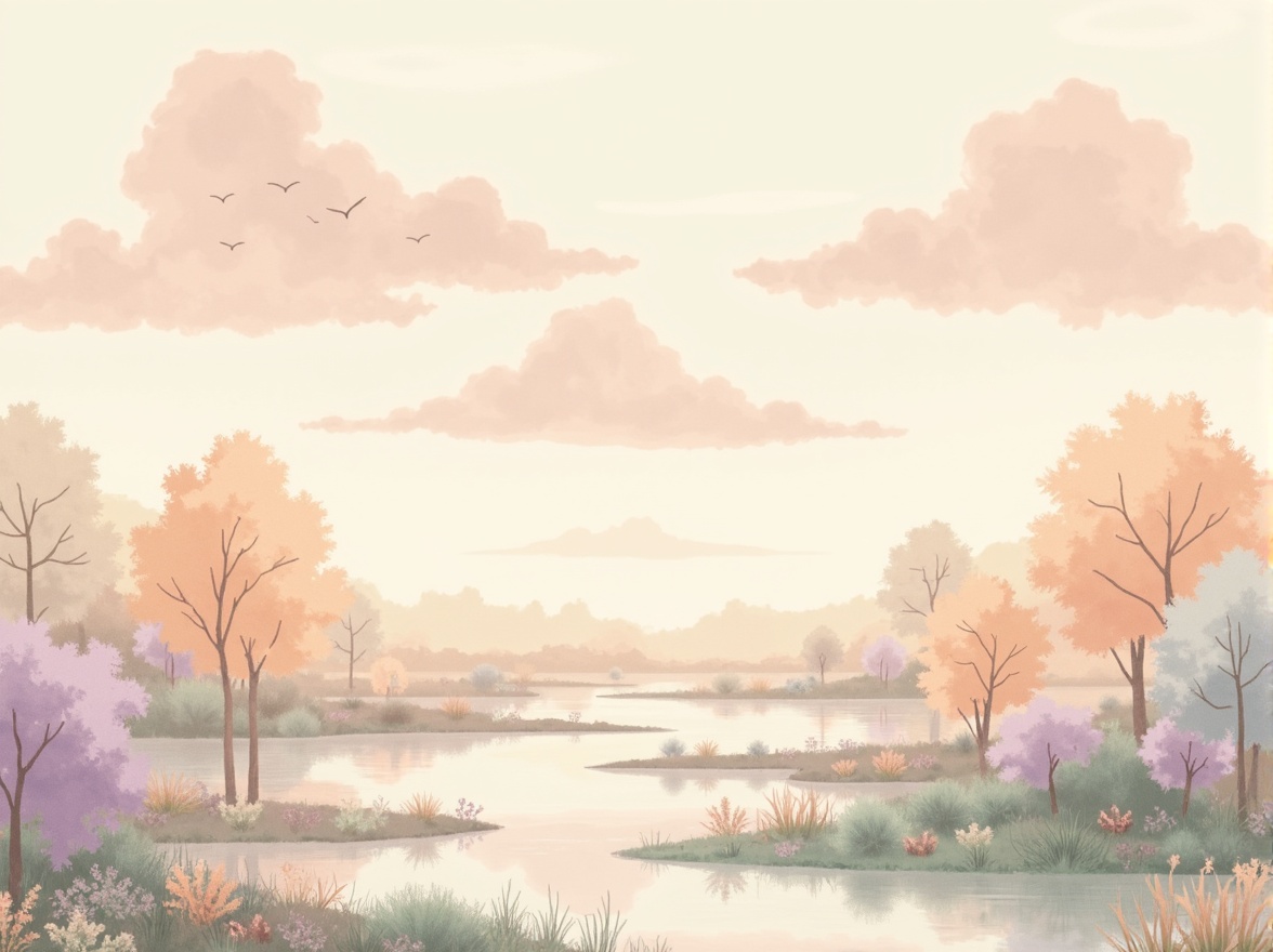 Prompt: Pastel hues, soft peach tones, calming mint greens, creamy whites, warm beige backgrounds, gentle lavender accents, subtle golden highlights, delicate watercolor textures, ethereal light effects, whimsical cloud formations, serene natural scenery, peaceful atmosphere, shallow depth of field, 1/1 composition, realistic reflections, ambient occlusion.