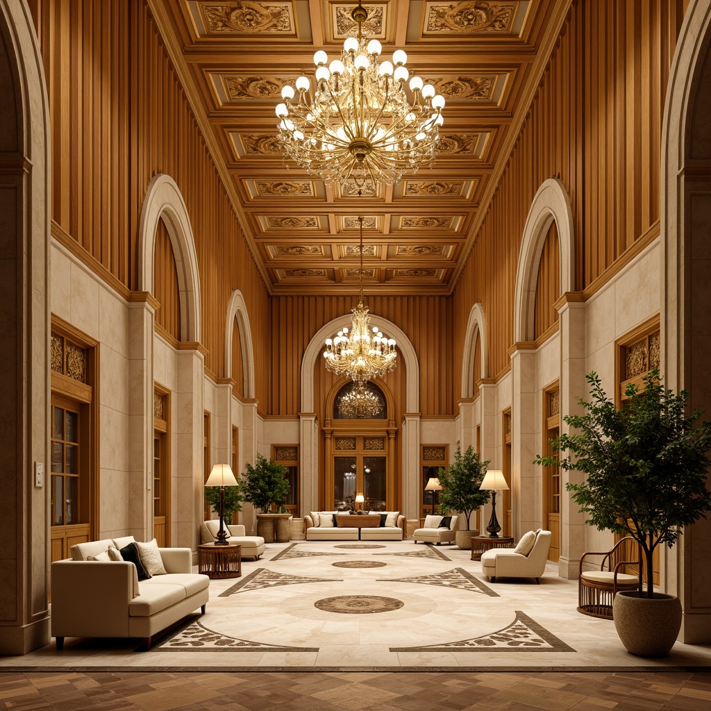 Prompt: Warm golden facade, ornate details, luxurious textures, rich wood accents, grand entranceways, opulent chandeliers, lavish furnishings, sophisticated color scheme, warm beige tones, soft cream hues, vibrant bronze metallic, intricate marble patterns, majestic columns, elegant arches, refined lines, ambient warm lighting, 1/2 composition, shallow depth of field, realistic renderings.