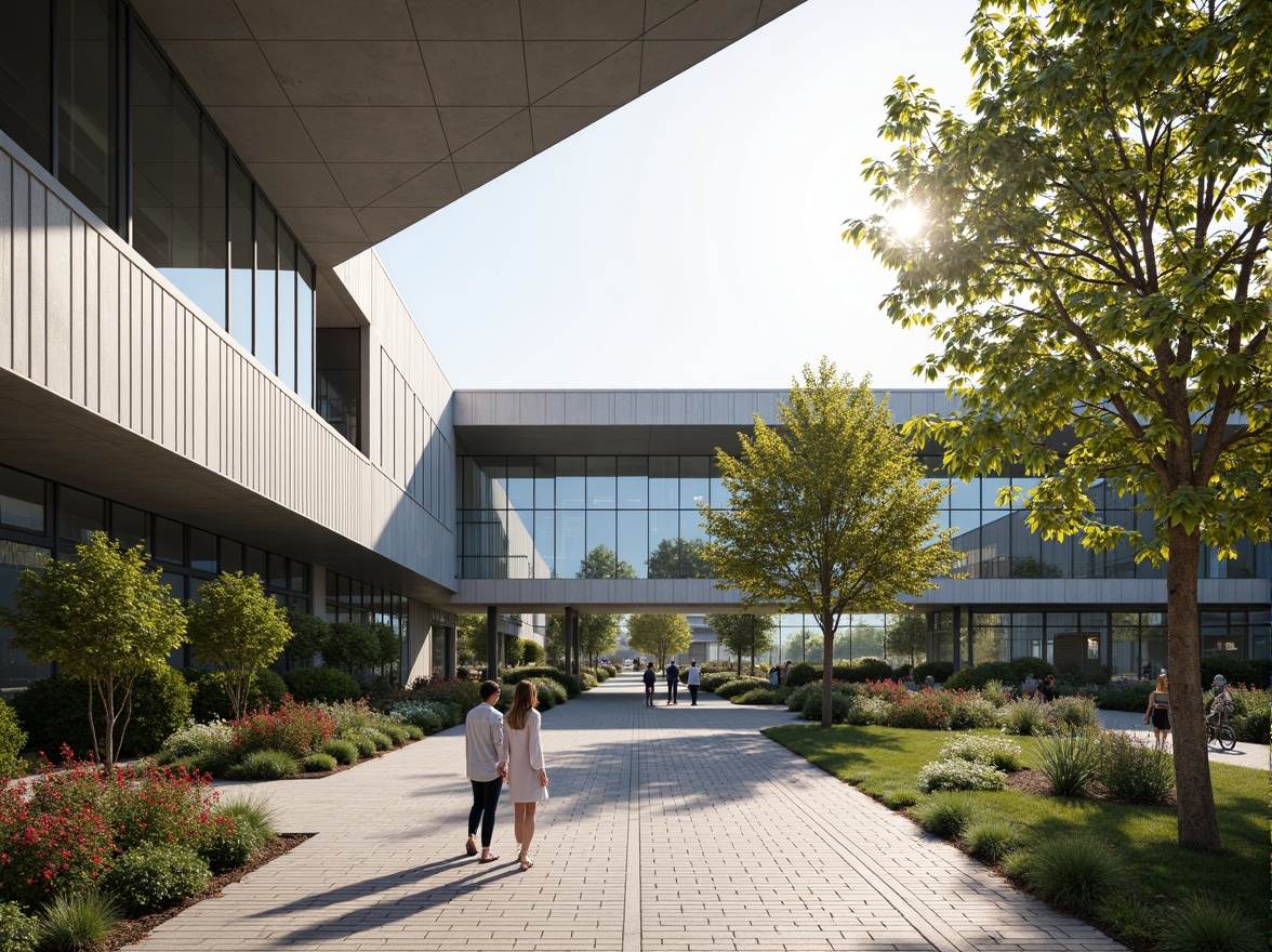 Prompt: Sleek memorial center, curved lines, reflective glass fa\u00e7ade, sustainable materials, recycled metal cladding, eco-friendly concrete walls, minimalist design, natural stone flooring, ambient lighting, shallow depth of field, 3/4 composition, panoramic view, realistic textures, vibrant greenery, blooming trees, serene atmosphere, warm sunny day, soft focus effect, subtle color palette, innovative glazing systems, energy-efficient solutions, water conservation features, Arabic-inspired geometric patterns, intricate ceramic tiles.