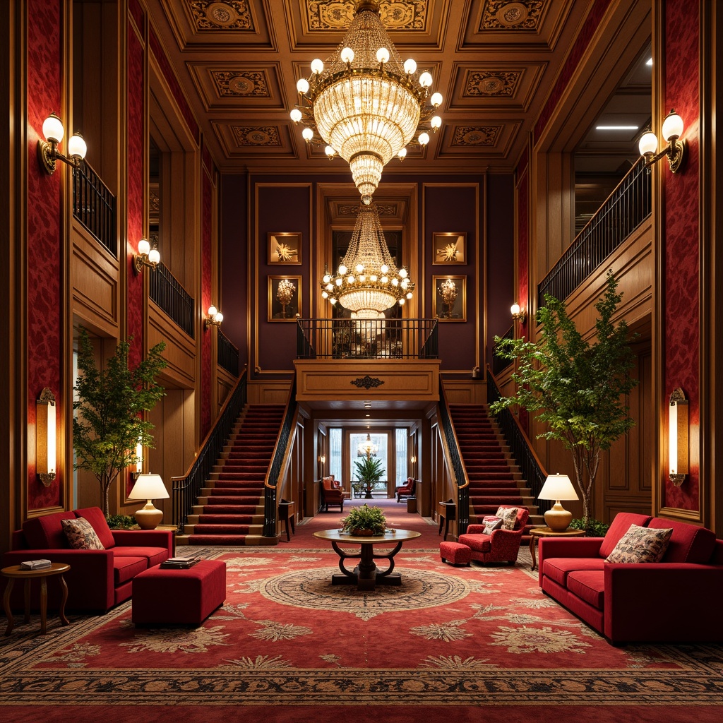 Prompt: Luxurious hotel lobby, ornate chandeliers, rich velvet fabrics, intricately carved wooden paneling, gilded mirrors, opulent furnishings, lavish drapery, grand staircases, majestic columns, ornamental plasterwork, decorative moldings, vibrant jewel-toned color schemes, soft warm lighting, dramatic shadows, 3/4 composition, symmetrical arrangement, high-contrast textures, ambient occlusion.