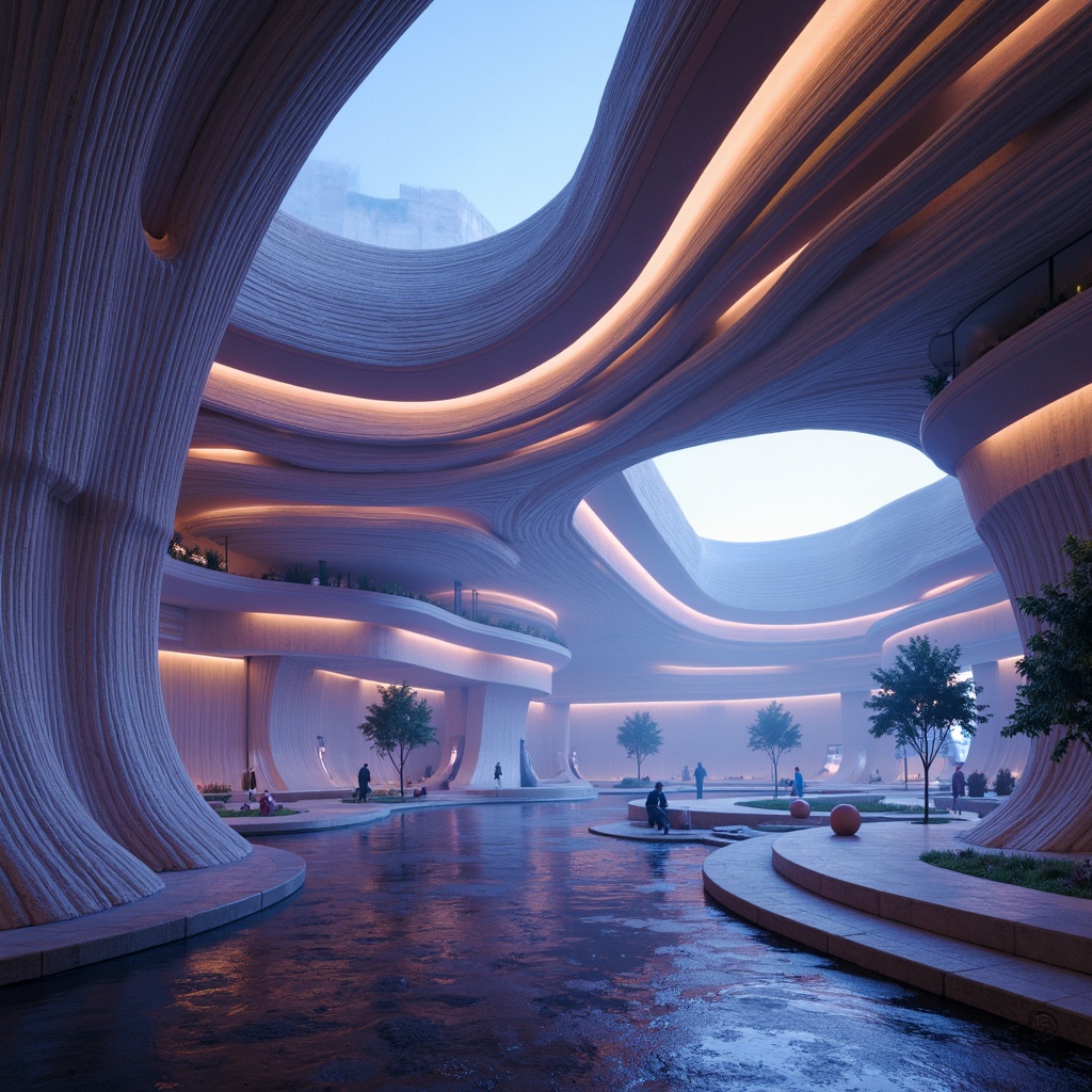 Prompt: Organic curvaceous structures, fluid lines, undulating surfaces, futuristic architecture, iridescent materials, neon-lit ambiance, glowing accents, soft gradient hues, sleek metallic frameworks, minimalist ornamentation, avant-garde aesthetics, experimental geometries, parametric design, algorithmic patterns, 3D modeling, virtual reality integration, atmospheric misting effects, dramatic spot lighting, high-contrast shading, abstract reflections, intricate fractal details.