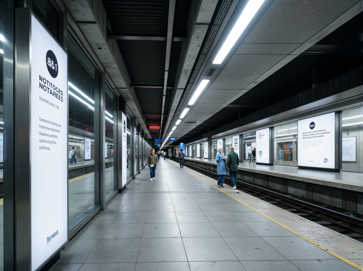 Prompt: Modern metro station, sleek signage, minimalist design, silver metallic frames, LED displays, clear glass panels, simple typography, bold font styles, bright white lighting, urban atmosphere, underground tunnels, concrete flooring, stainless steel handrails, industrial aesthetic, functional layout, efficient navigation, intuitive wayfinding, subtle branding elements, neutral color palette, ample negative space, 1/1 composition, high-contrast visuals, realistic reflections, ambient occlusion.