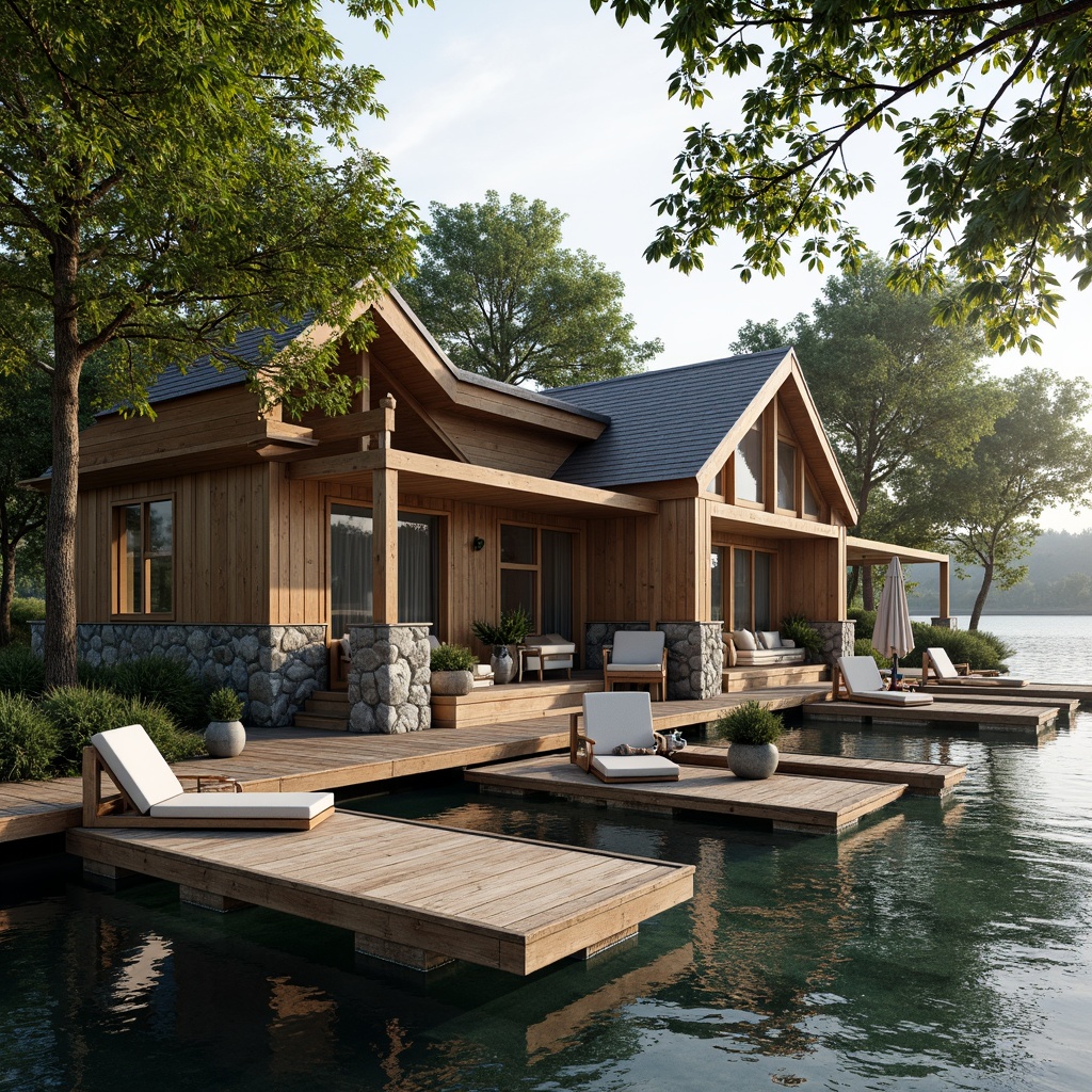 Prompt: Waterfront boathouse, rustic wooden docks, nautical-themed decor, lush greenery, overhanging trees, serene lake views, tranquil atmosphere, natural stone foundations, wooden accents, modern minimalist design, large windows, sliding glass doors, cozy interior spaces, warm lighting, 1/1 composition, shallow depth of field, soft focus, realistic textures, ambient occlusion.