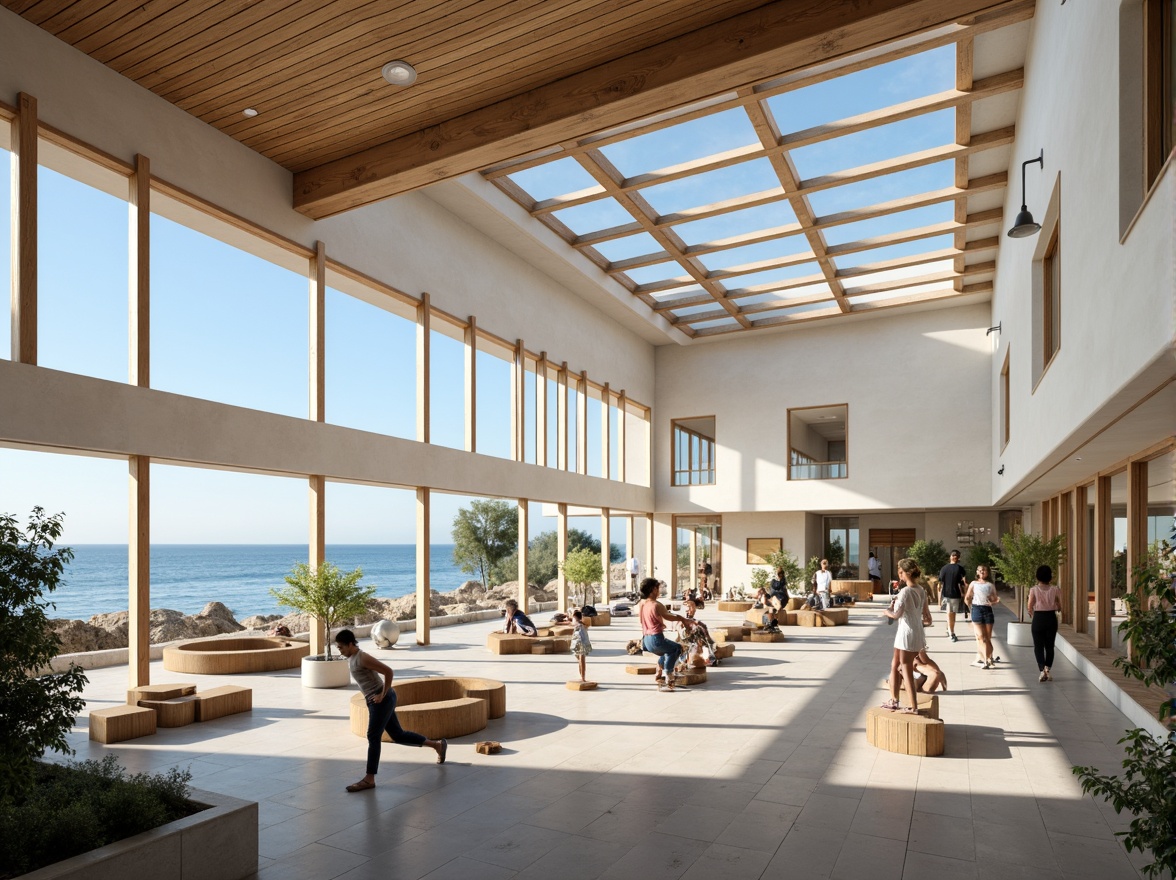 Prompt: Coastal gymnasium, oceanfront location, large windows, clerestory windows, skylights, natural light pouring in, minimalist interior design, polished concrete floors, wooden accents, nautical-themed decor, beach-inspired color palette, calming atmosphere, high ceilings, open spaces, mirrored walls, state-of-the-art exercise equipment, free weights area, yoga studio, spinning room, panoramic ocean views, wave-inspired architecture, sustainable building materials, energy-efficient systems, warm sunny day, soft diffused lighting, shallow depth of field, 1/2 composition.