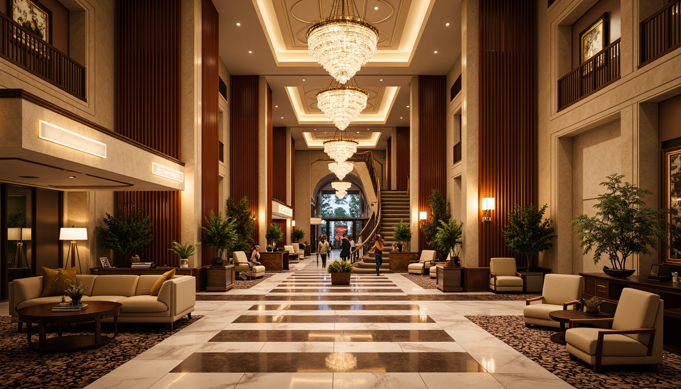 Prompt: Luxurious hotel lobby, opulent chandeliers, intricately patterned marble floors, richly upholstered furnishings, gilded accents, ornate mirrors, lavish drapery, velvety soft carpets, sparkling crystal fixtures, dramatic archways, grandiose staircases, extravagant ceiling treatments, warm golden lighting, 1/1 composition, shallow depth of field, realistic textures, ambient occlusion.