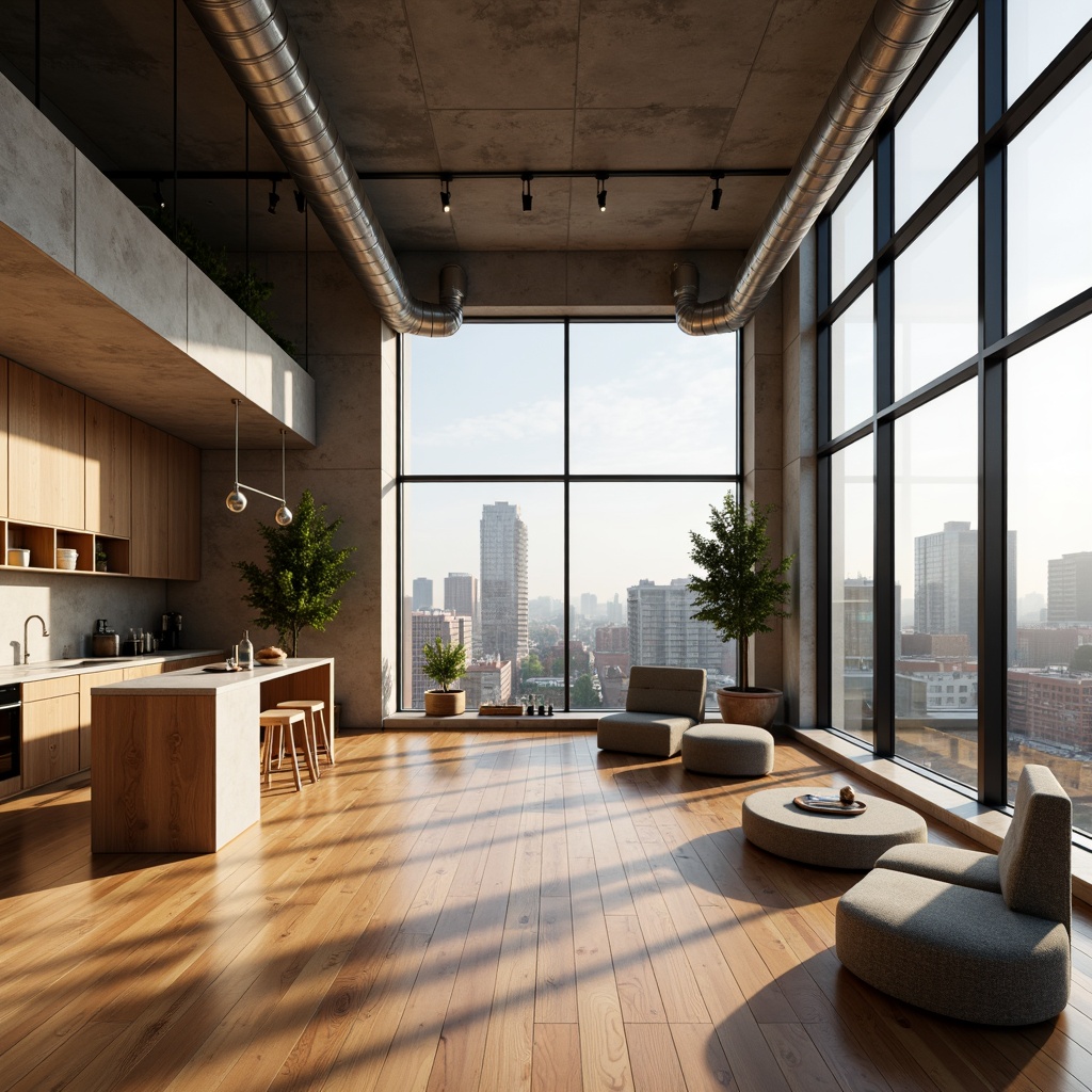 Prompt: Minimalist apartment interior, open-plan living space, sleek wooden flooring, modular furniture, floor-to-ceiling windows, natural light pouring in, soft warm ambiance, 1/1 composition, shallow depth of field, realistic textures, ambient occlusion, experimental architecture, geometric shapes, bold color accents, industrial-chic decor, exposed ductwork, polished concrete walls, modern kitchenette, compact bathroom, cozy reading nook, urban cityscape views, morning sunlight, subtle shadows.