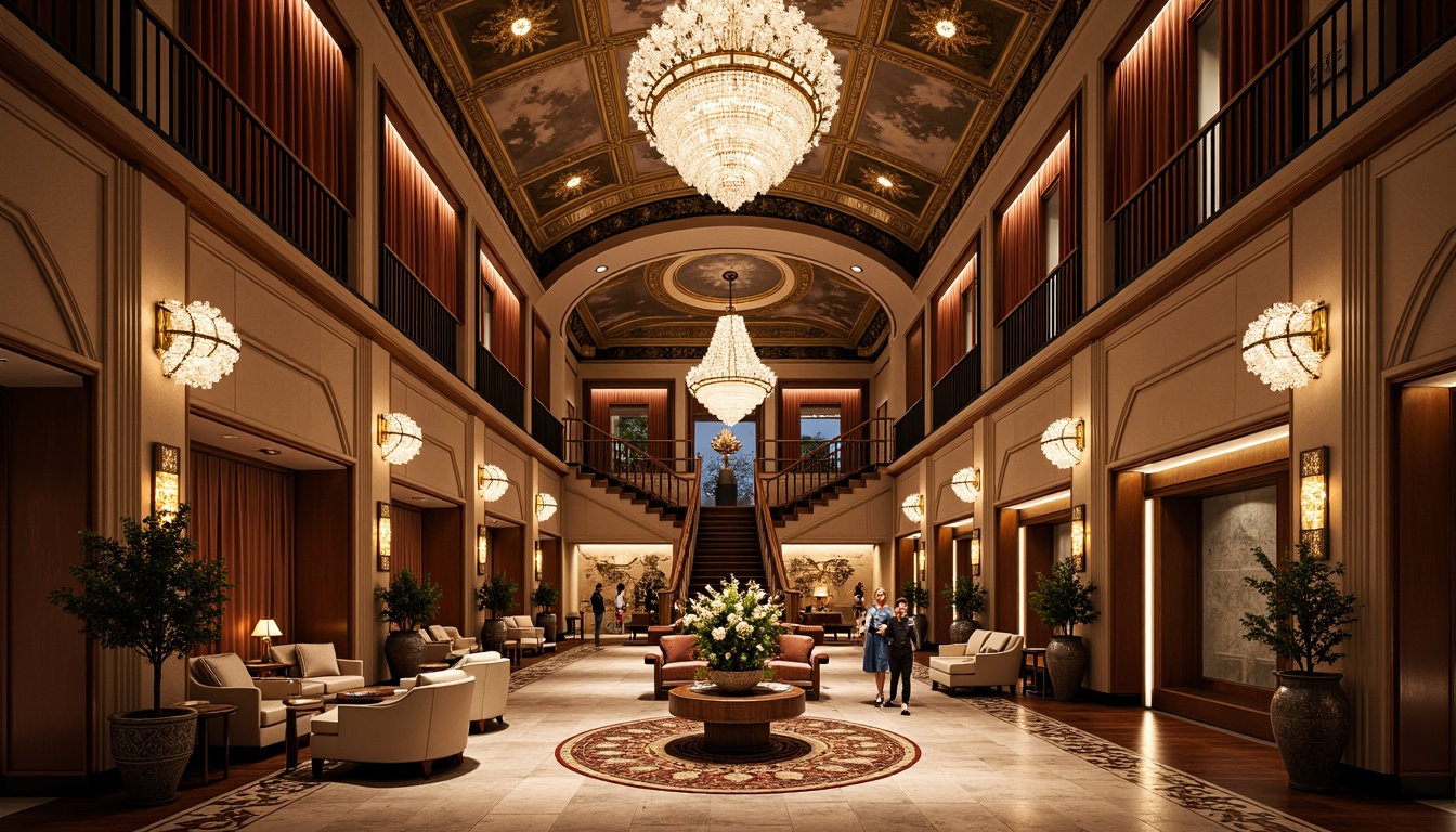 Prompt: Luxurious hotel lobby, ornate chandeliers, gilded mirrors, velvet drapes, intricate marble floors, grand staircases, lavish furnishings, rich wood paneling, opulent crystal fixtures, dramatic archways, sweeping curves, golden accents, majestic columns, frescoed ceilings, warm intimate lighting, shallow depth of field, 1/1 composition, symmetrical framing, realistic textures, ambient occlusion.