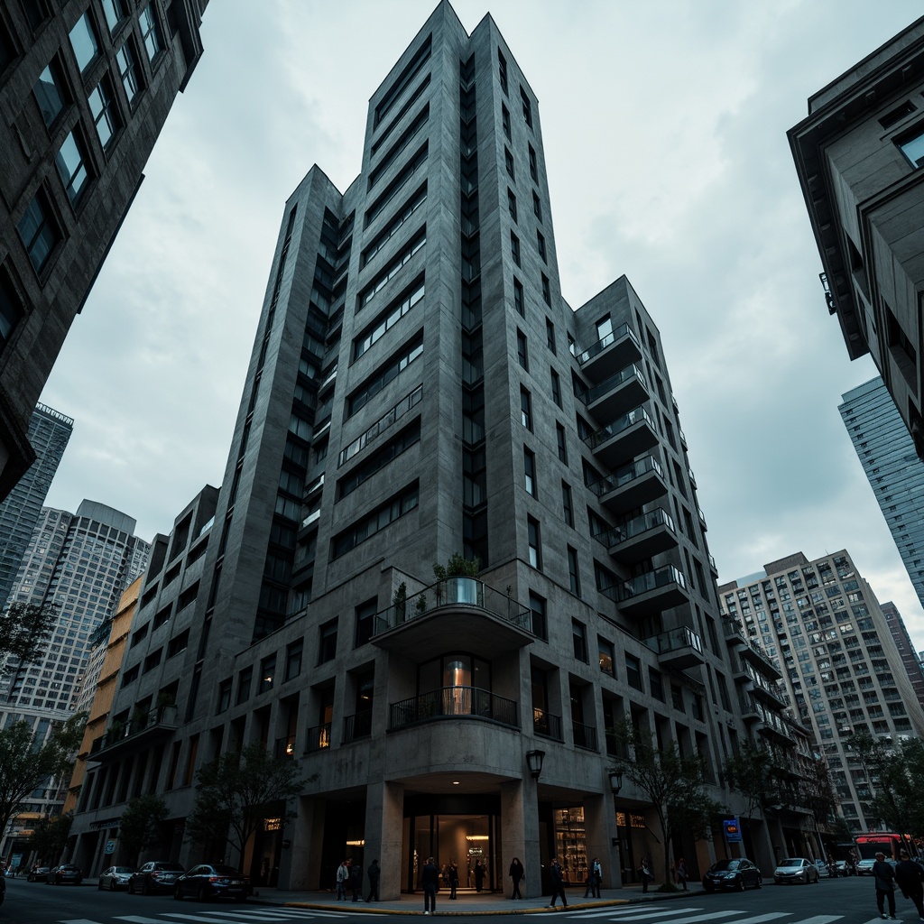 Prompt: Concrete skyscraper, brutalist architecture, rugged stone fa\u00e7ade, industrial steel beams, raw concrete columns, exposed ductwork, urban cityscape, overcast sky, dramatic shadows, moody lighting, monochromatic color scheme, dark grey tones, cold blue hues, muted earthy shades, metallic accents, weathered textures, abstract patterns, geometric shapes, futuristic ambiance, high-contrast composition, cinematic atmosphere, stark realism.