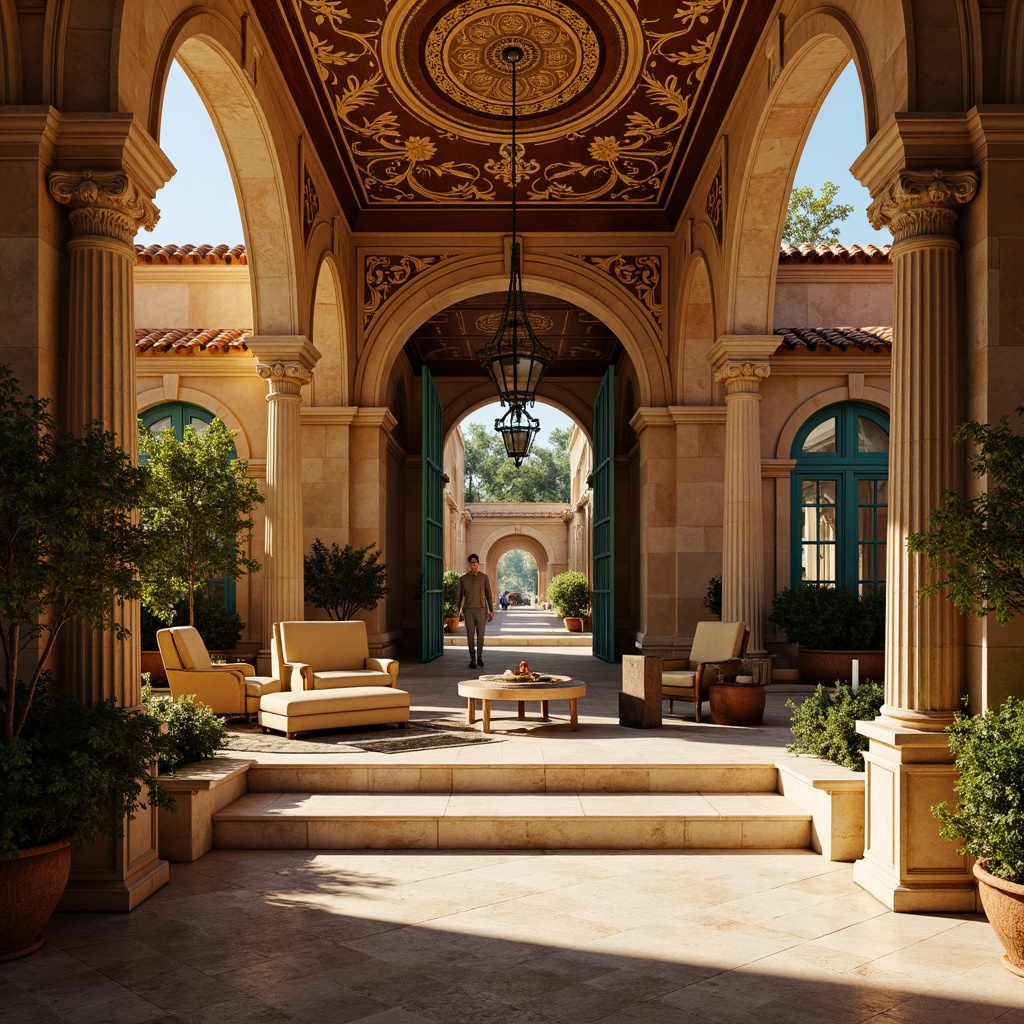 Prompt: Warm golden fa\u00e7ade, ornate details, luxurious textures, rich wood accents, metallic bronze tones, sun-kissed stone walls, earthy terracotta rooftops, vibrant turquoise accents, soft warm lighting, shallow depth of field, 1/2 composition, symmetrical architecture, classical columns, grand entranceways, opulent interior design, lavish furnishings, intricate mosaics, natural stone flooring, ambient occlusion.