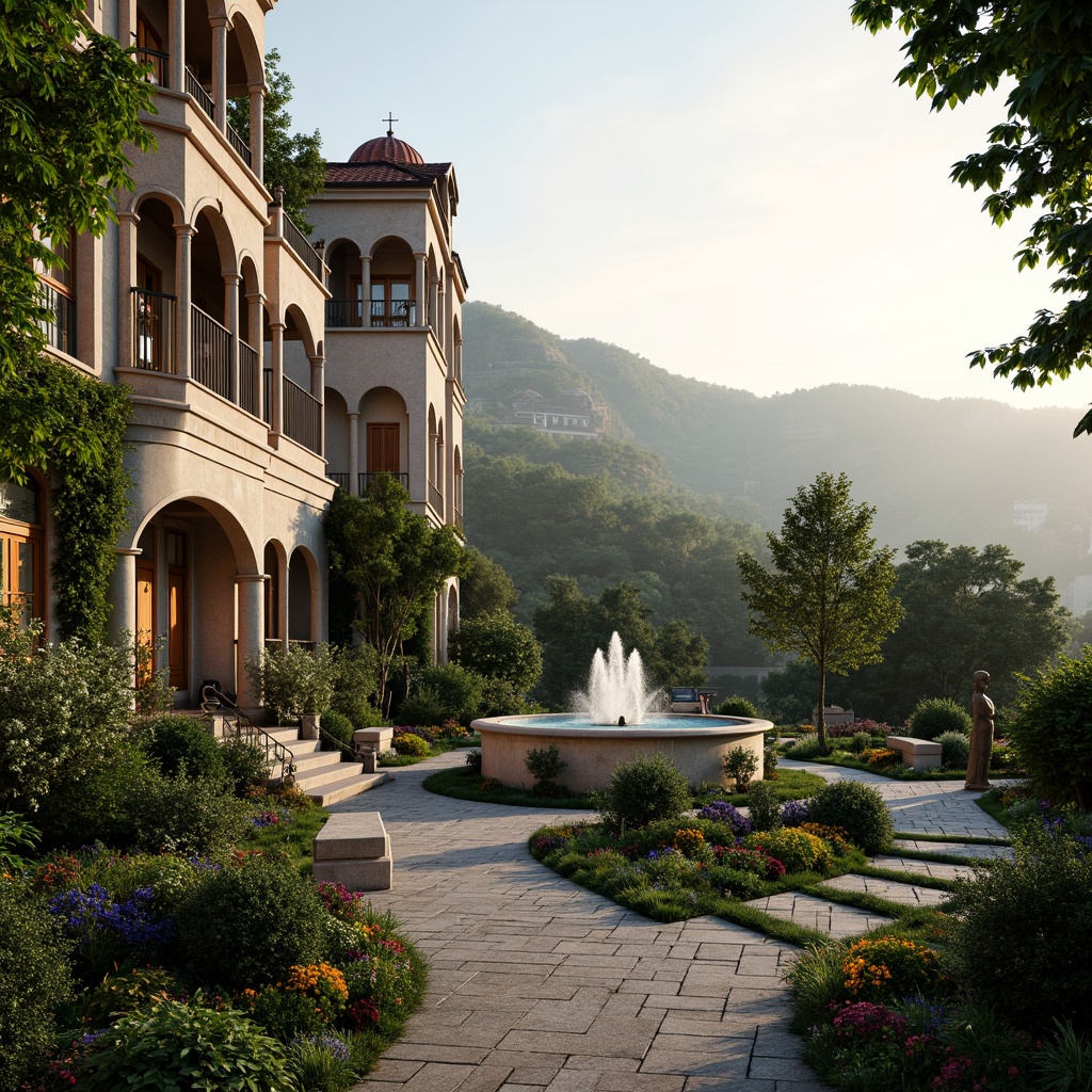 Prompt: Luxurious villa, Baroque architecture, ornate decorations, grand fountain, lush greenery, vibrant flowers, serpentine pathways, natural stone walls, rustic benches, elegant sculptures, soft warm lighting, shallow depth of field, 3/4 composition, panoramic view, realistic textures, ambient occlusion, rolling hills, misty morning, serene atmosphere, harmonious integration with nature.