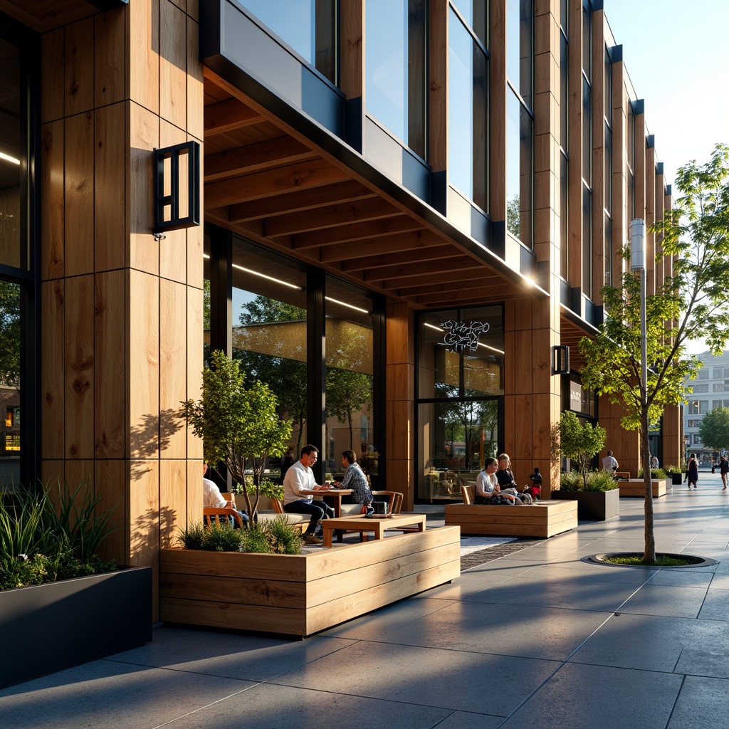 Prompt: Vibrant coffee shop facade, modern minimalist architecture, floor-to-ceiling glass windows, wooden accents, industrial chic metal beams, reclaimed wood cladding, living green walls, LED signage, cozy outdoor seating areas, urban cityscape background, morning sunlight, warm golden lighting, shallow depth of field, 1/2 composition, realistic textures, ambient occlusion.