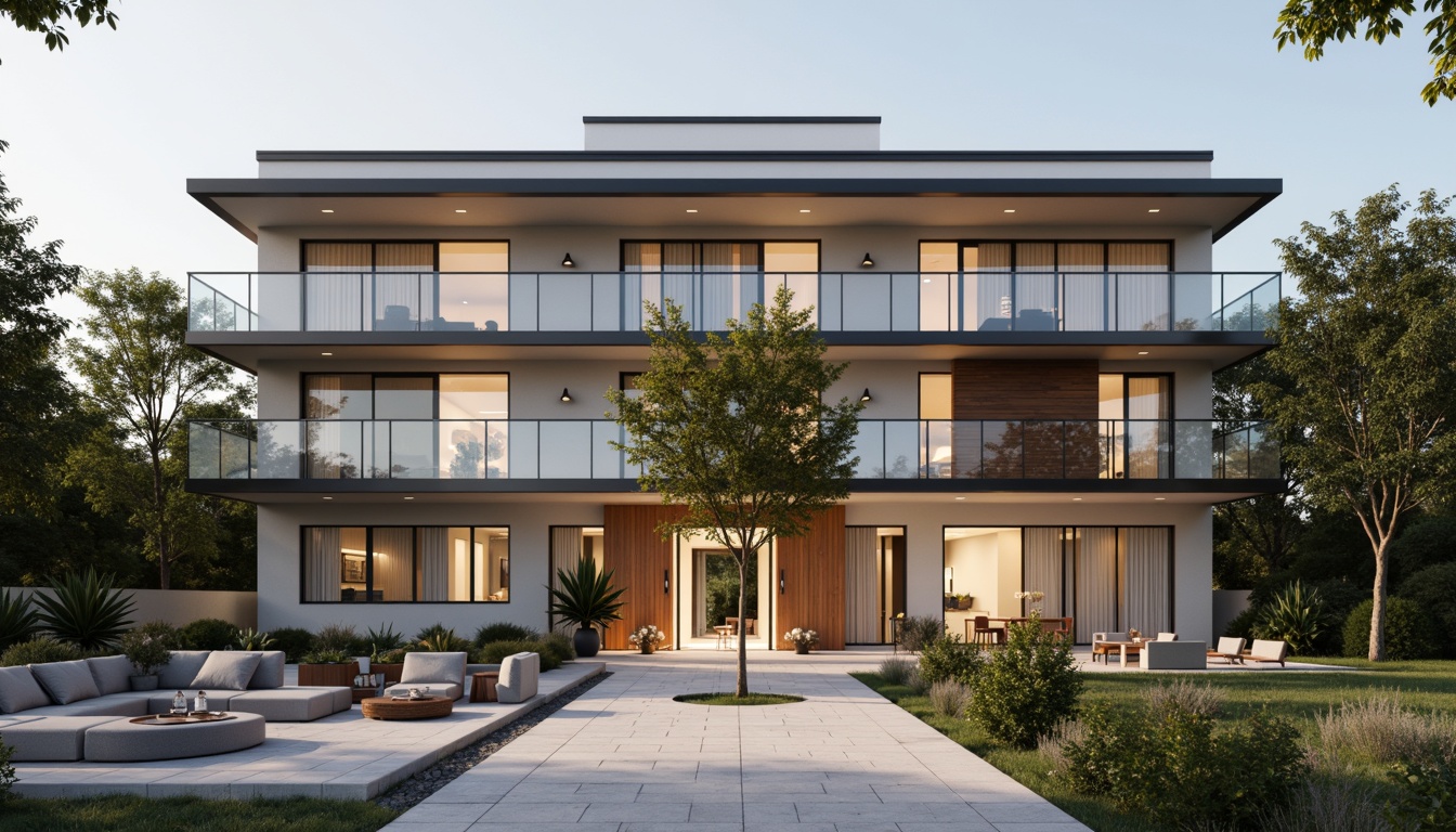 Prompt: Simple dormitory facade, minimalist architecture, clean lines, monochromatic color scheme, large windows, natural light, wooden accents, industrial materials, modern furniture, cozy atmosphere, soft warm lighting, shallow depth of field, 1/1 composition, realistic textures, ambient occlusion.