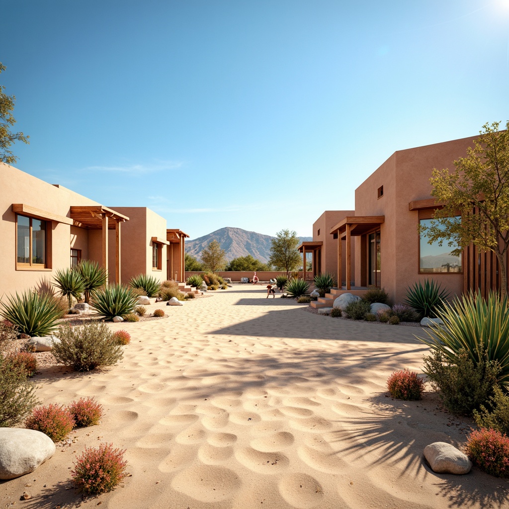 Prompt: Desert landscape, sandy dunes, cactus plants, hot sunny day, clear blue sky, vast open space, modern desert architecture, earthy tones, warm beige walls, rustic wooden accents, terracotta roofs, turquoise decorative tiles, vibrant coral hues, soft mint greenery, weathered metal details, natural stone textures, ambient occlusion, shallow depth of field, 3/4 composition, panoramic view.