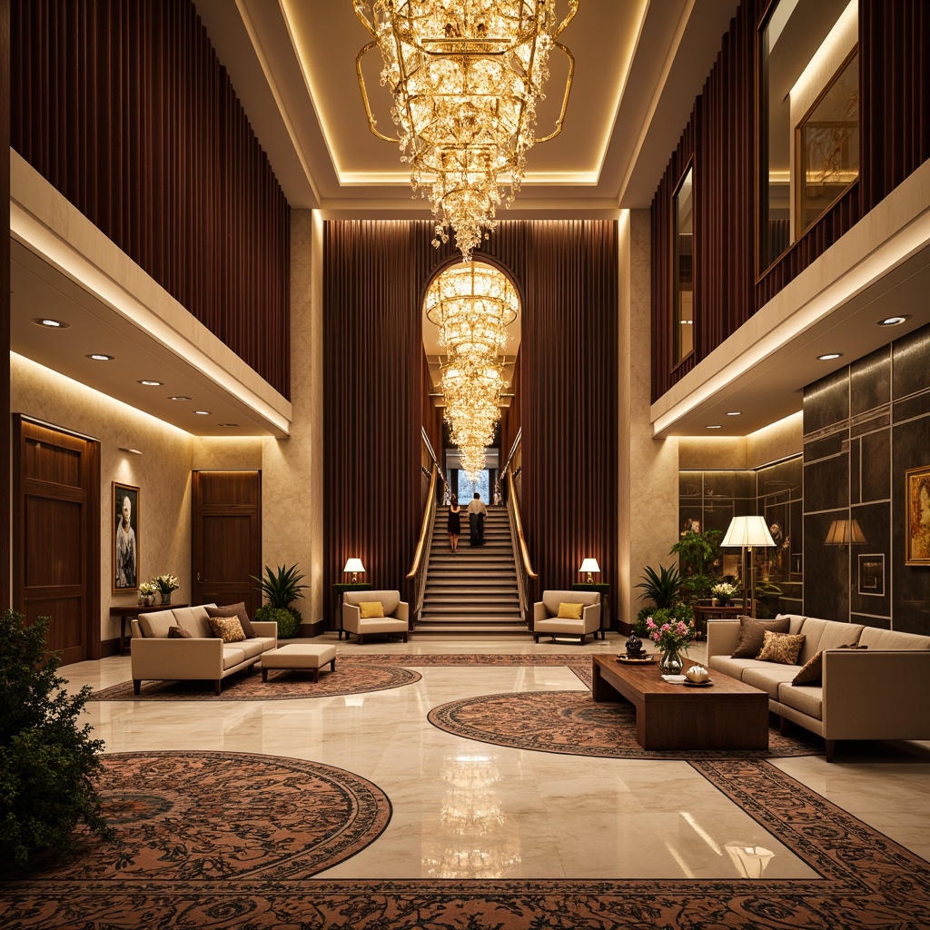 Prompt: Luxurious hotel lobby, opulent chandeliers, intricate marble flooring, ornate wooden paneling, rich velvet drapes, golden accents, lavish furnishings, plush area rugs, statement lighting fixtures, grand staircases, decorative mirrors, elegant archways, ornamental columns, warm beige walls, sophisticated color schemes, high-contrast textures, dramatic shadows, 1/1 composition, cinematic lighting, realistic reflections.