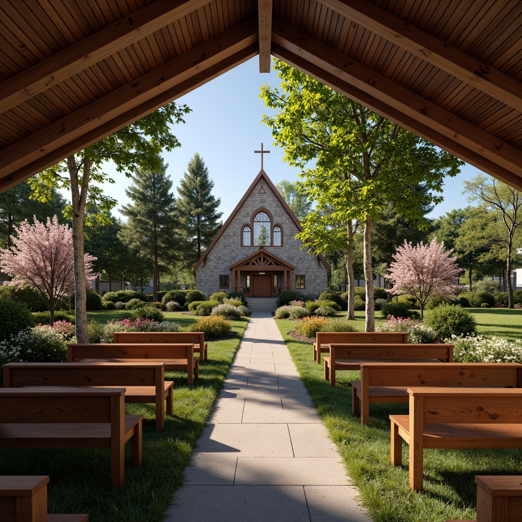 Prompt: Rustic suburban church, stone fa\u00e7ade, stained glass windows, wooden pews, vaulted ceilings, natural lighting, serene atmosphere, peaceful surroundings, lush greenery, blooming flowers, manicured lawns, meandering pathways, scenic views, warm sunny day, soft gentle lighting, shallow depth of field, 3/4 composition, panoramic view, realistic textures, ambient occlusion.