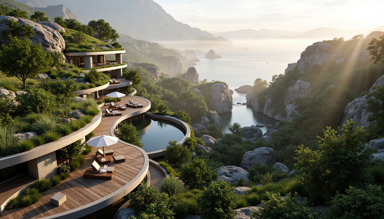 Prompt: Seamless landscape integration, harmonious architecture, organic curves, natural stone walls, green roofs, lush vegetation, serene water features, wooden decks, cantilevered structures, panoramic views, misty mornings, warm sunlight, soft shadows, 1/2 composition, atmospheric perspective, realistic textures, ambient occlusion.