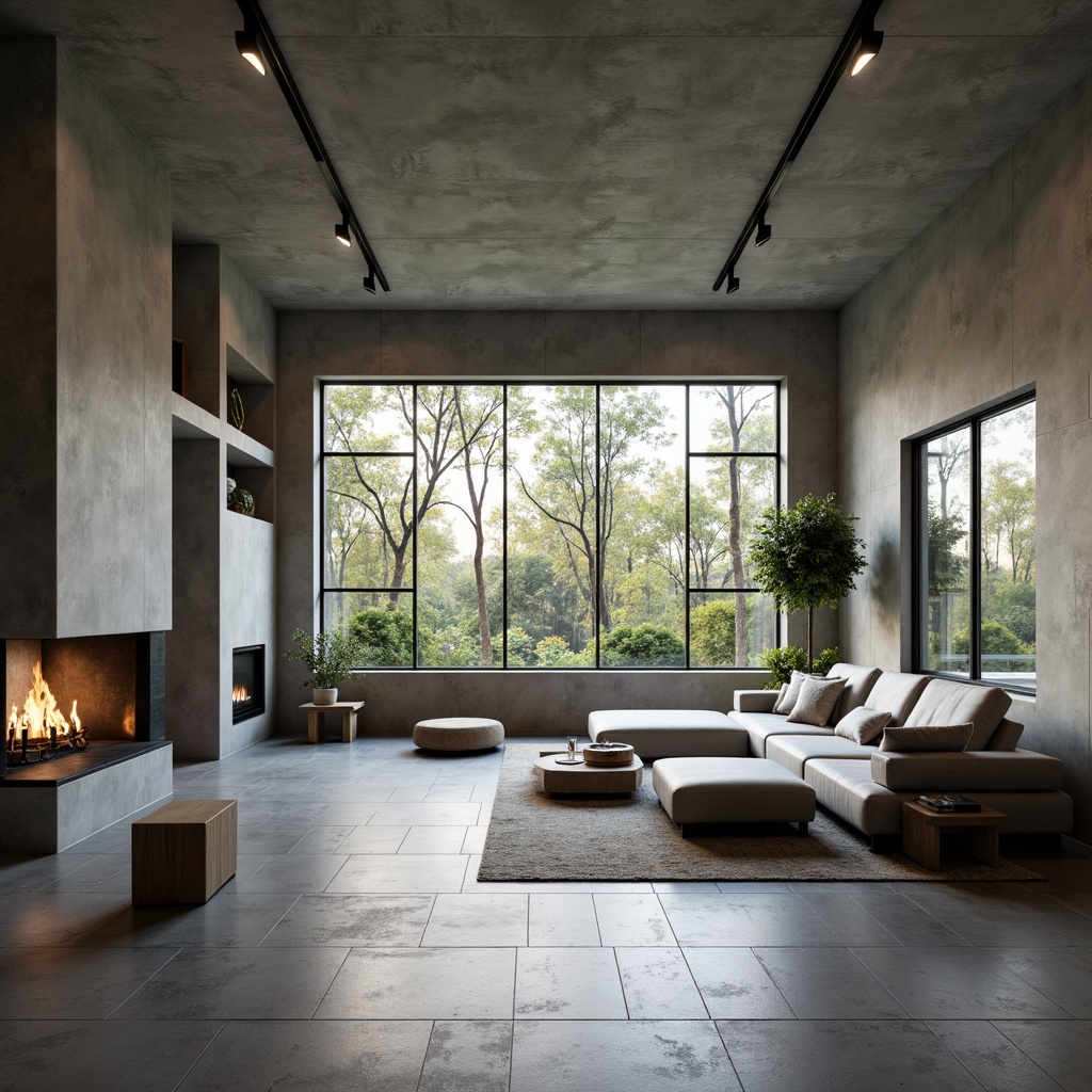 Prompt: Sleek living room, monochromatic color scheme, polished concrete floors, minimalist furniture, low-profile sofas, geometric coffee tables, industrial-chic lighting fixtures, floor-to-ceiling windows, abundant natural light, soft warm ambiance, shallow depth of field, 1/1 composition, realistic textures, ambient occlusion.