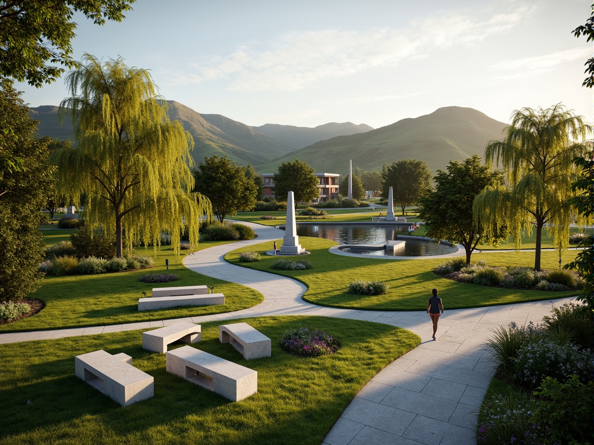 Prompt: Serenely landscaped memorial park, rolling hills, weeping willow trees, meandering walking paths, commemorative monuments, natural stone benches, water features, reflection pools, tranquil atmosphere, warm soft lighting, shallow depth of field, 3/4 composition, panoramic view, realistic textures, ambient occlusion, minimalist modern architecture, curved lines, sustainable design, eco-friendly materials, innovative irrigation systems, drought-resistant plants, memorial plaques, inspirational quotes, contemplative seating areas.