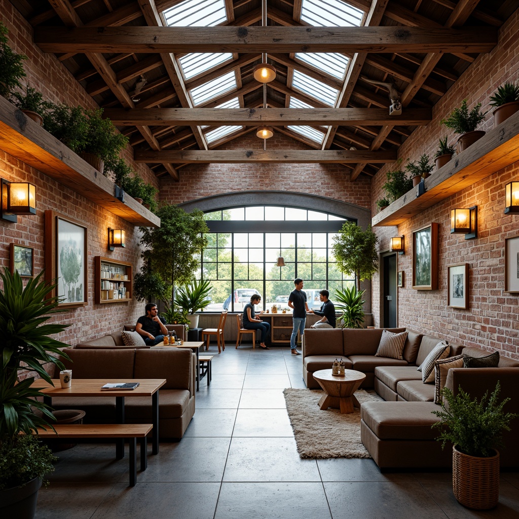 Prompt: Cozy coffee shop interior, unique roof structure, wooden beams, natural light pouring in, warm ambient lighting, comfortable seating areas, rustic brick walls, industrial metal decorations, reclaimed wood accents, earthy color palette, lush greenery, potted plants, soft music, aromatic coffee scents, 1/1 composition, shallow depth of field, realistic textures, ambient occlusion.Please let me know if you need any adjustments!