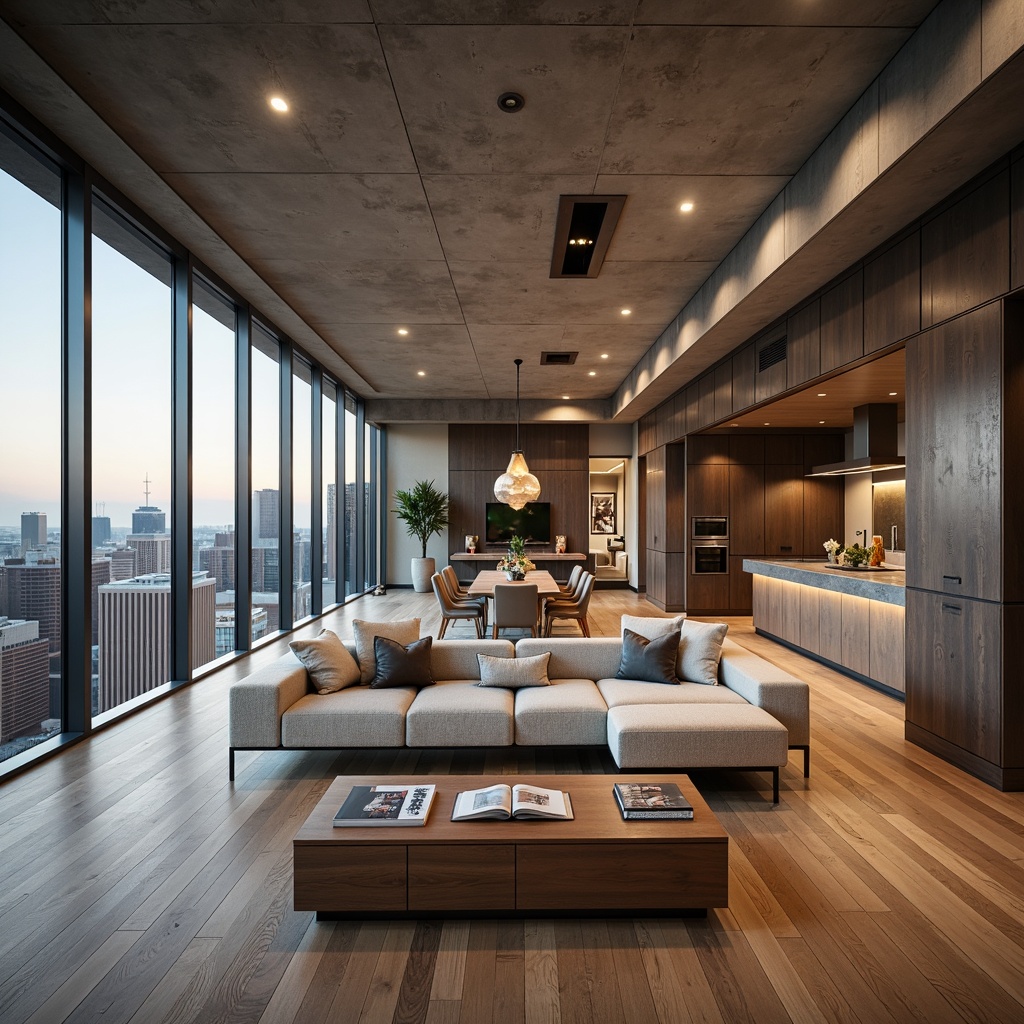 Prompt: Cozy living room, minimalist decor, natural wood flooring, floor-to-ceiling windows, urban cityscape views, open-plan kitchen, sleek countertops, modern appliances, spacious bedroom, plush carpeting, walk-in closet, industrial-chic exposed ductwork, polished concrete walls, geometric-shaped furniture, eclectic artwork, atmospheric soft lighting, 1/2 composition, shallow depth of field, warm color palette, inviting textures, ambient occlusion.