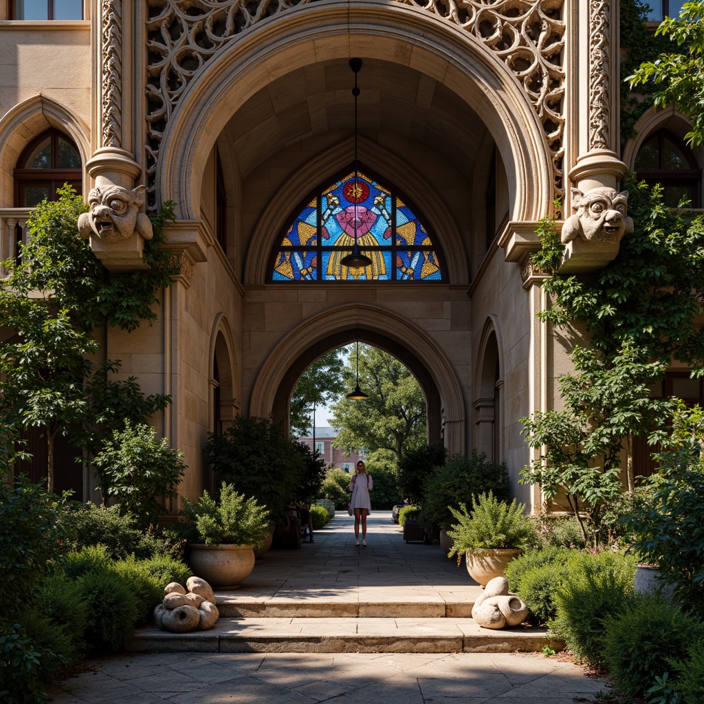 Prompt: Intricate carvings, ornate stone facades, grand archways, ribbed vaults, rounded columns, ornamental capitals, detailed gargoyles, grotesque sculptures, lush greenery, ivy-covered walls, stained glass windows, vibrant mosaics, rustic stonework, earthy tones, warm ambient lighting, dramatic shadows, high contrast, 1/1 composition, symmetrical framing, rich textures, subtle weathering effects.