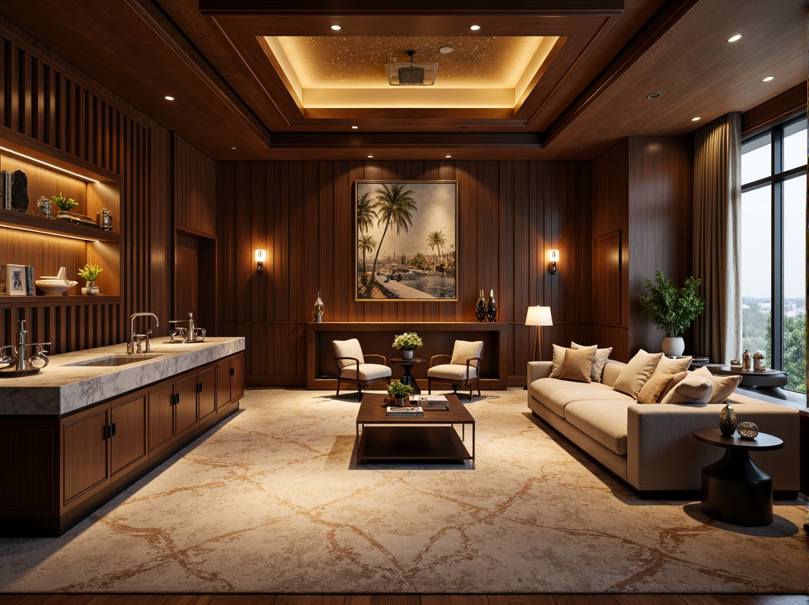 Prompt: Luxurious interior space, high-end finishes, rich wood accents, polished marble countertops, metallic chrome fixtures, velvety soft carpets, ambient lighting, subtle color palette, sophisticated minimalist design, statement furniture pieces, premium leather upholstery, intricate patterns, ornate details, dramatic ceiling treatments, grand chandeliers, opulent drapery, lavish textures, 1/1 composition, shallow depth of field, warm golden lighting.